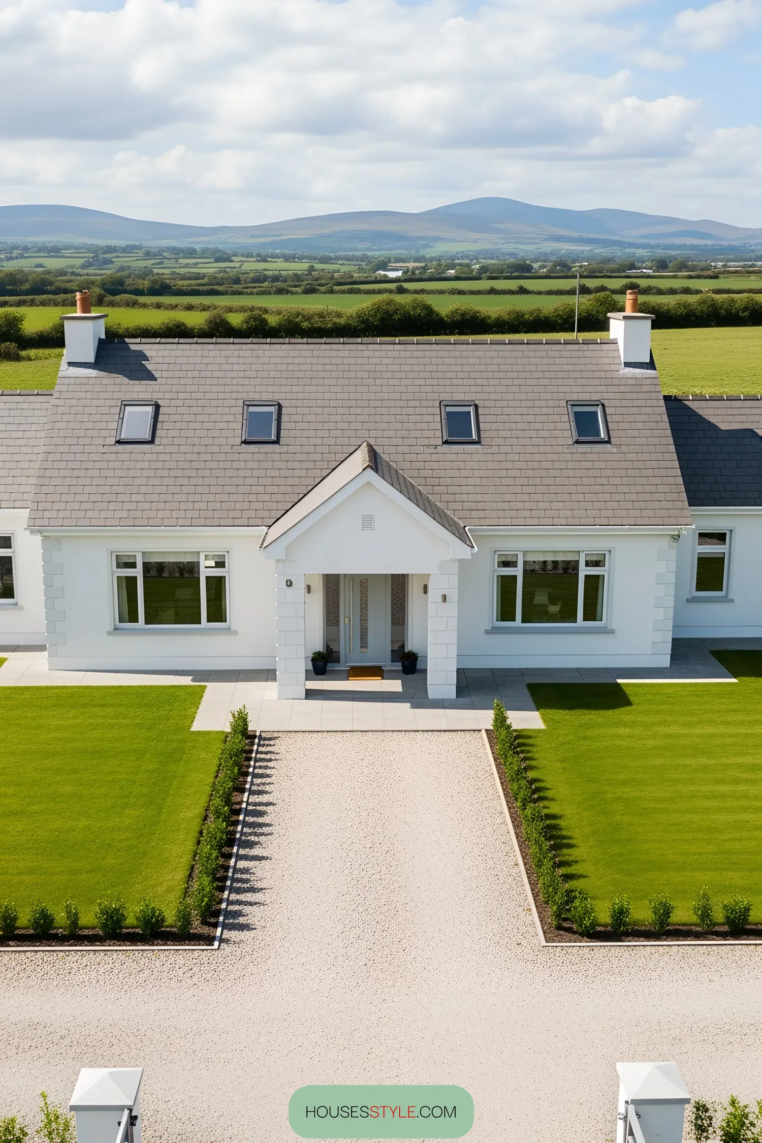Front view of a modern Irish bungalow with manicured lawns