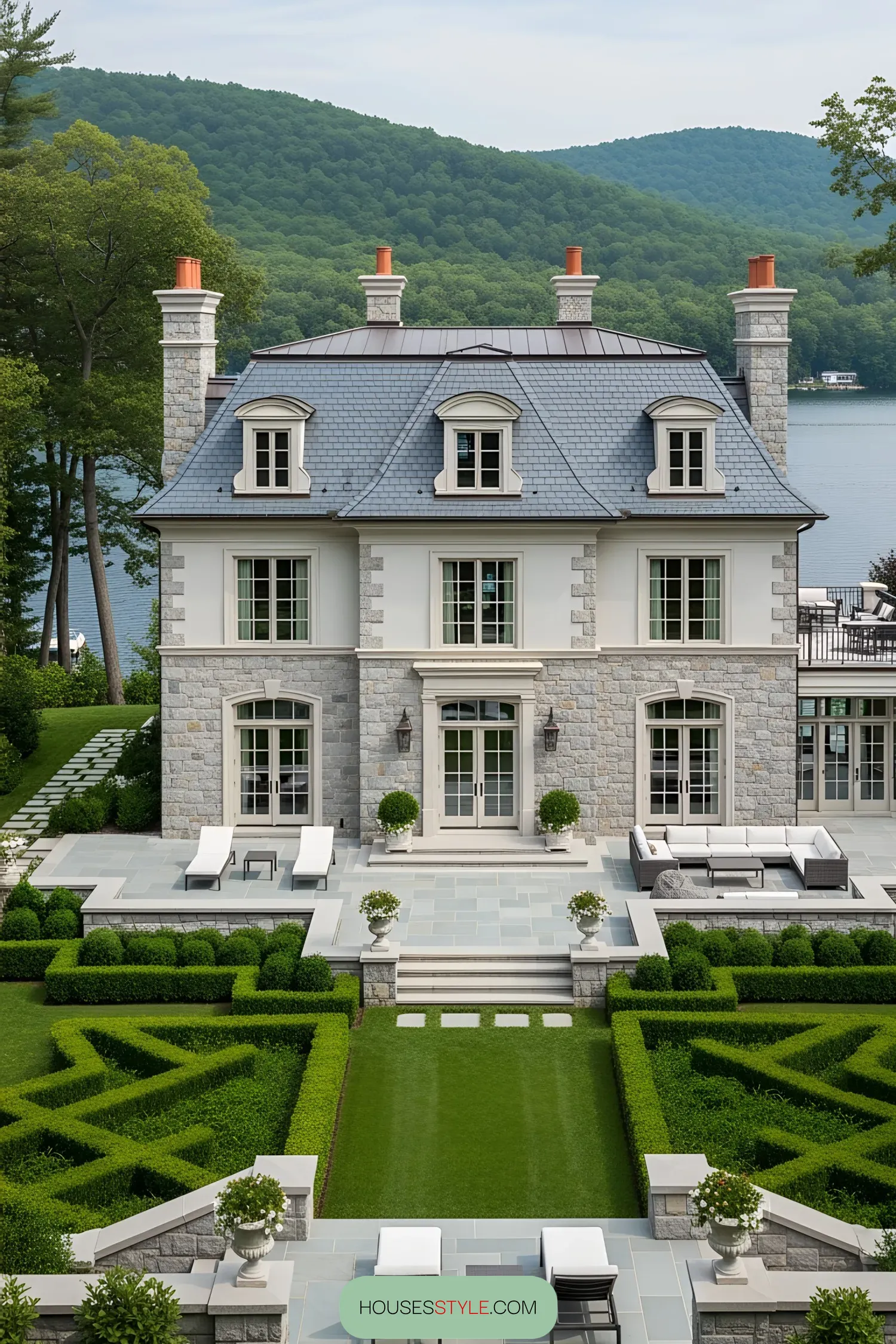 Elegant stone mansion by a serene lake