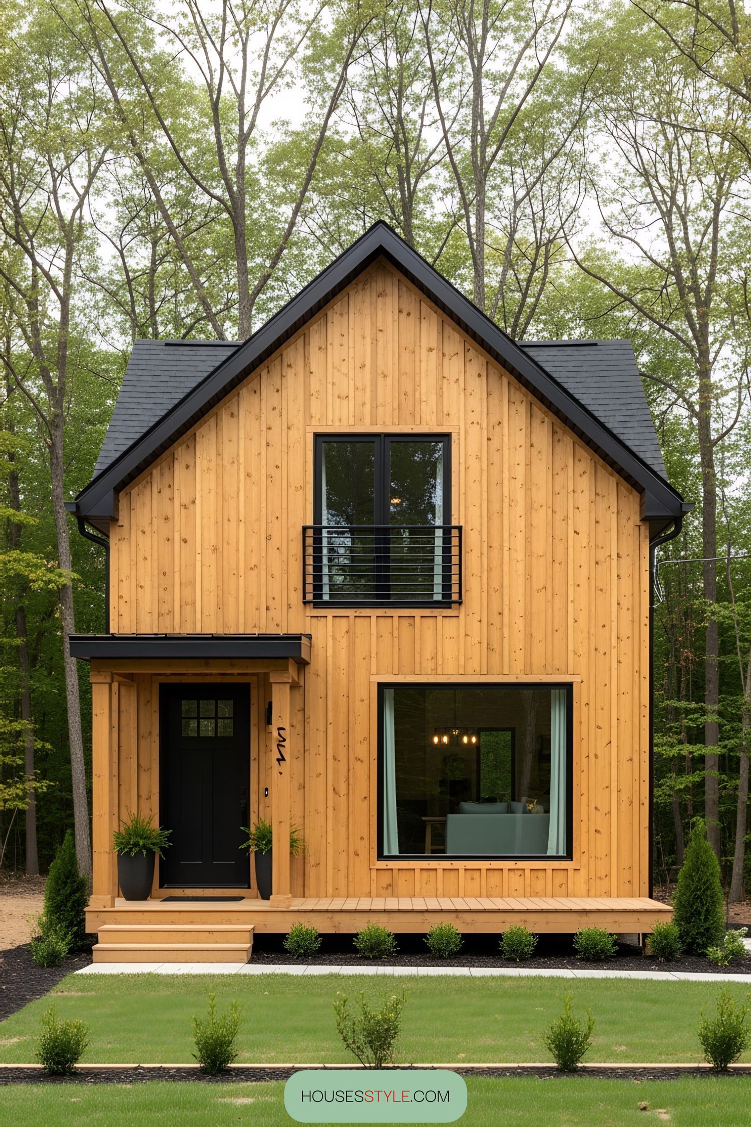 Compact wooden house with a black door and deck