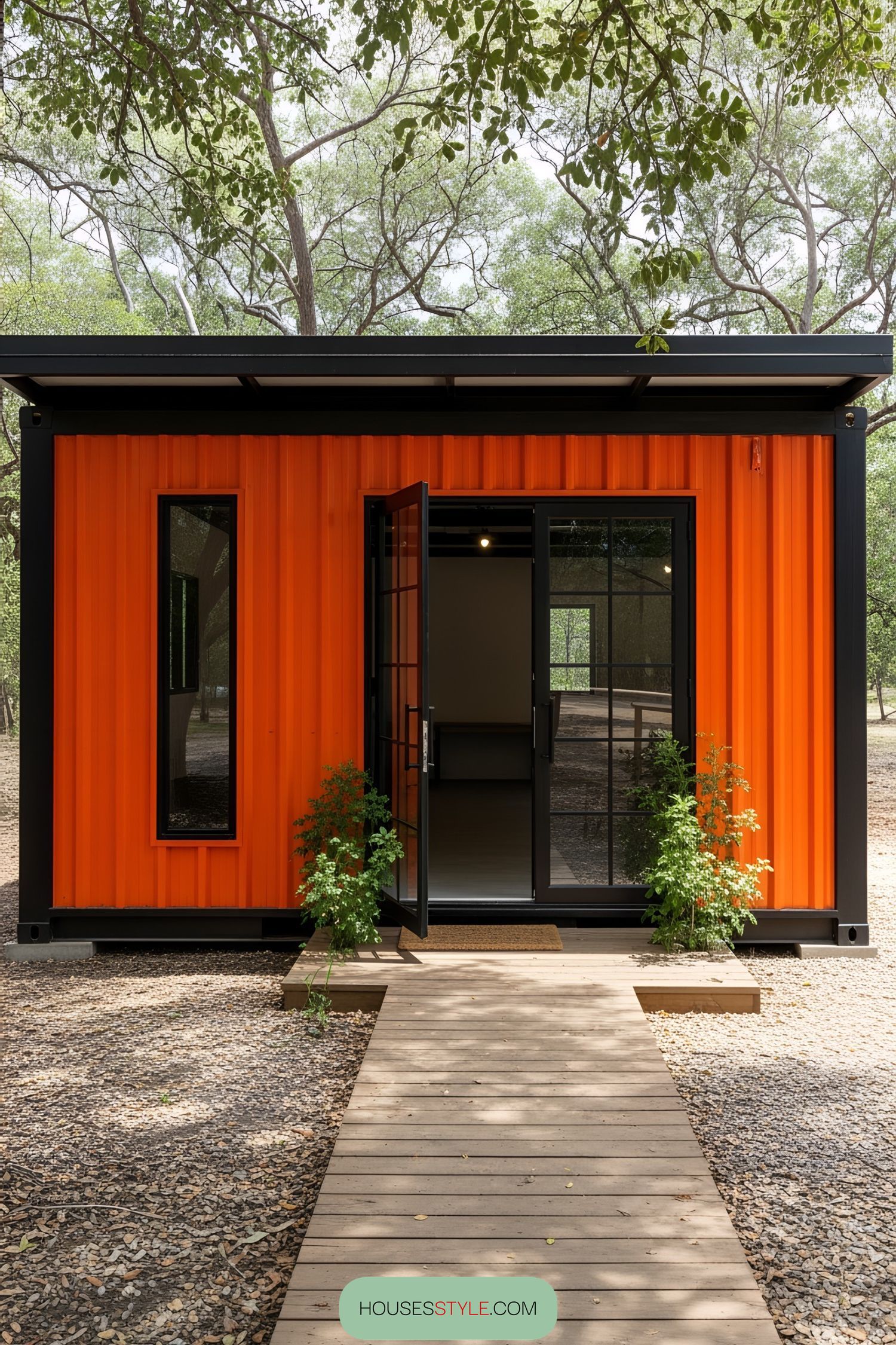 Vibrant orange shipping container workshop with a wooden walkway