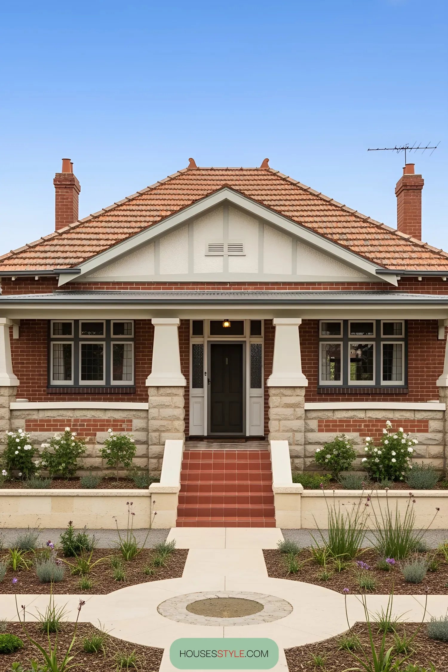 Classic 1930s bungalow with brick facade and lush front yard