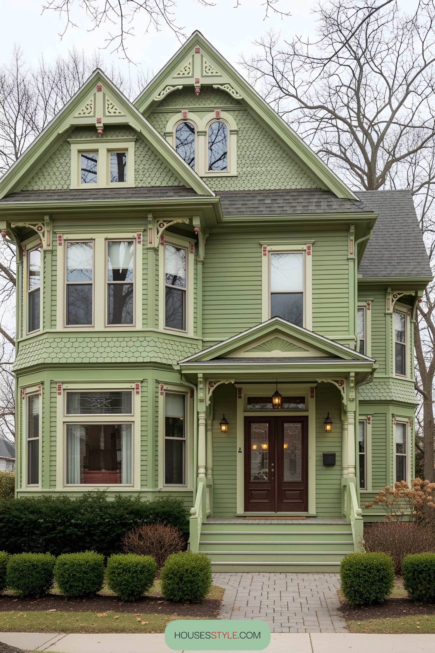 Green Victorian house with intricate details