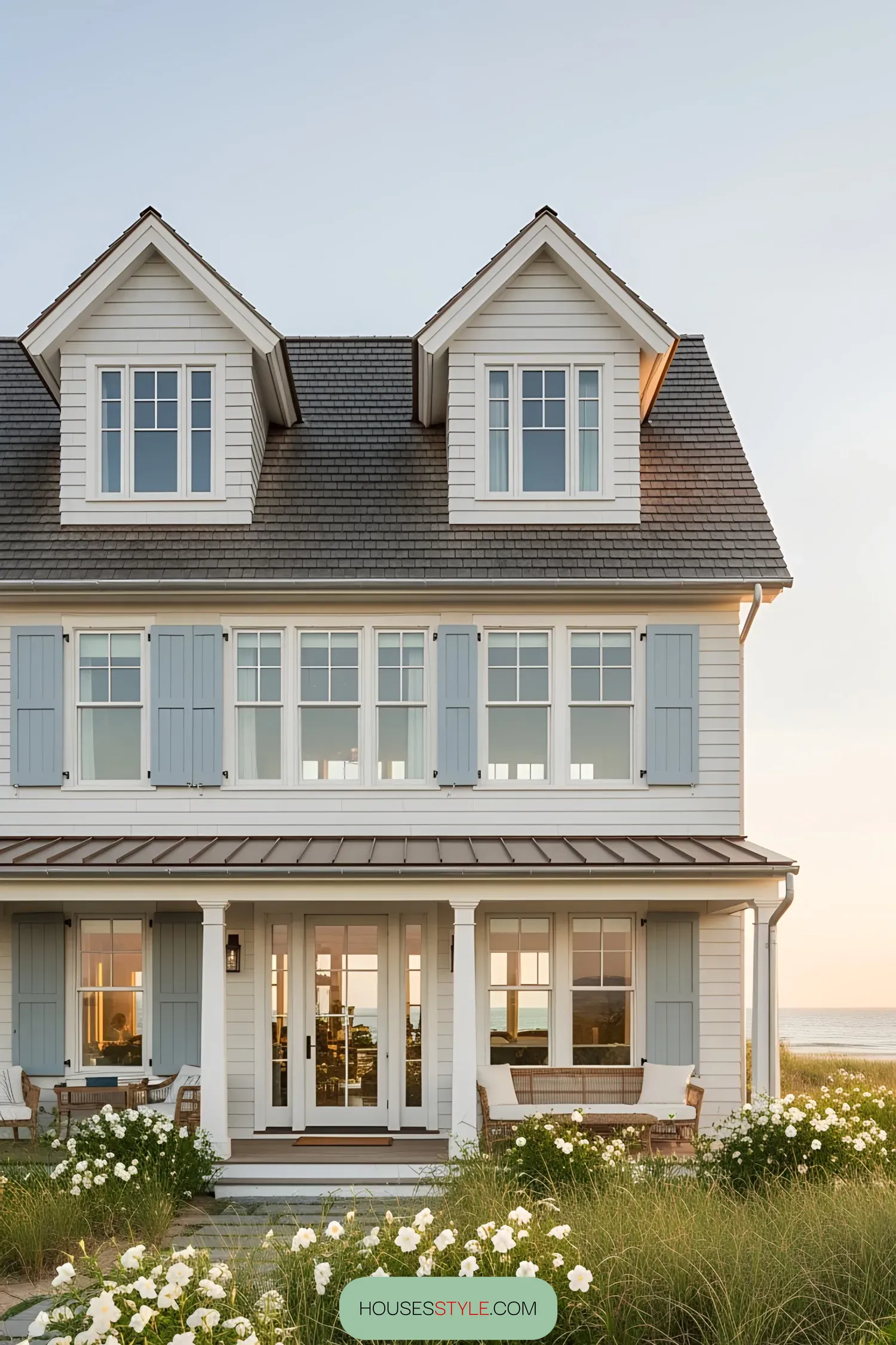 Coastal house with blue shutters and white trim