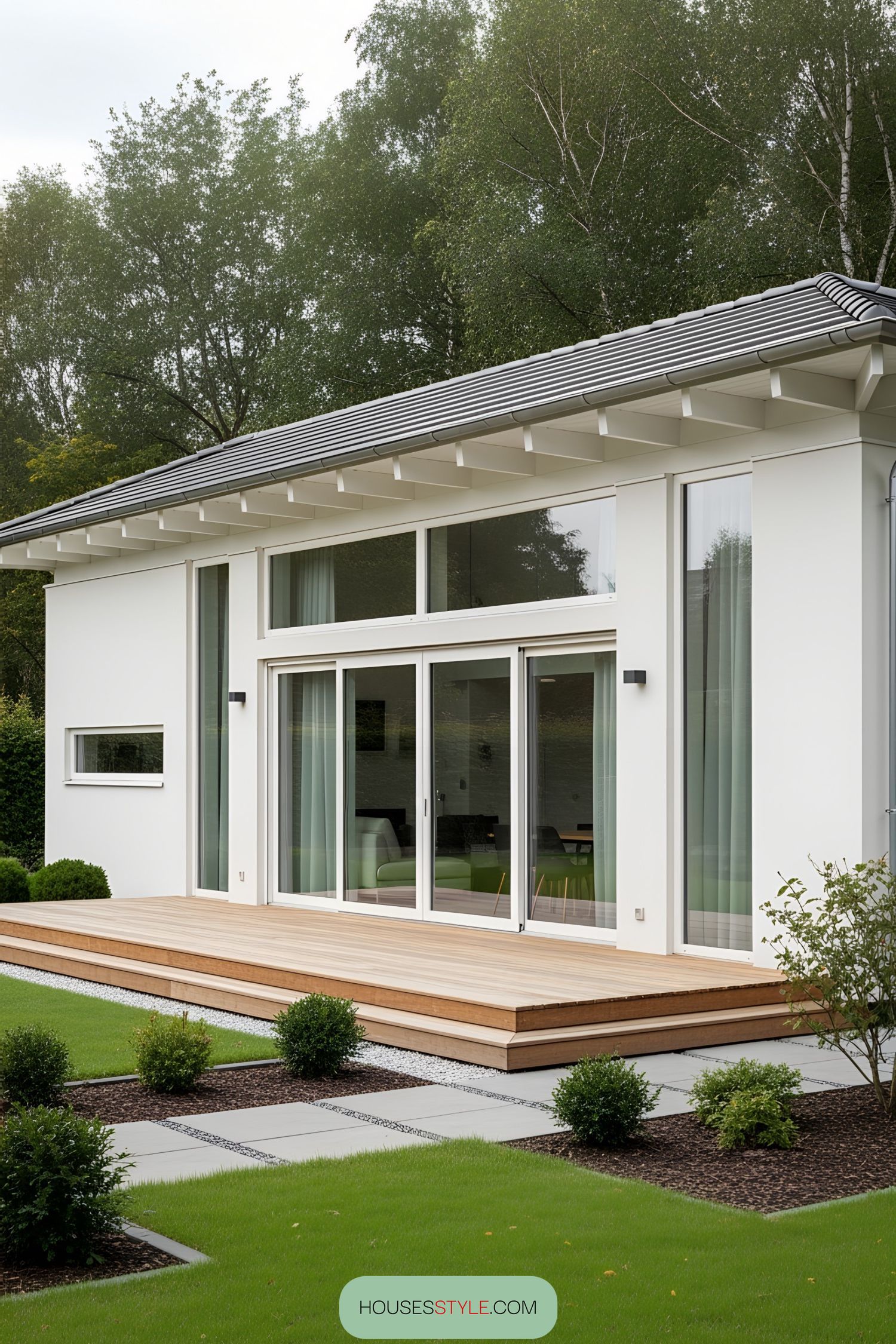 Minimalist bungalow with glass doors and lush surroundings