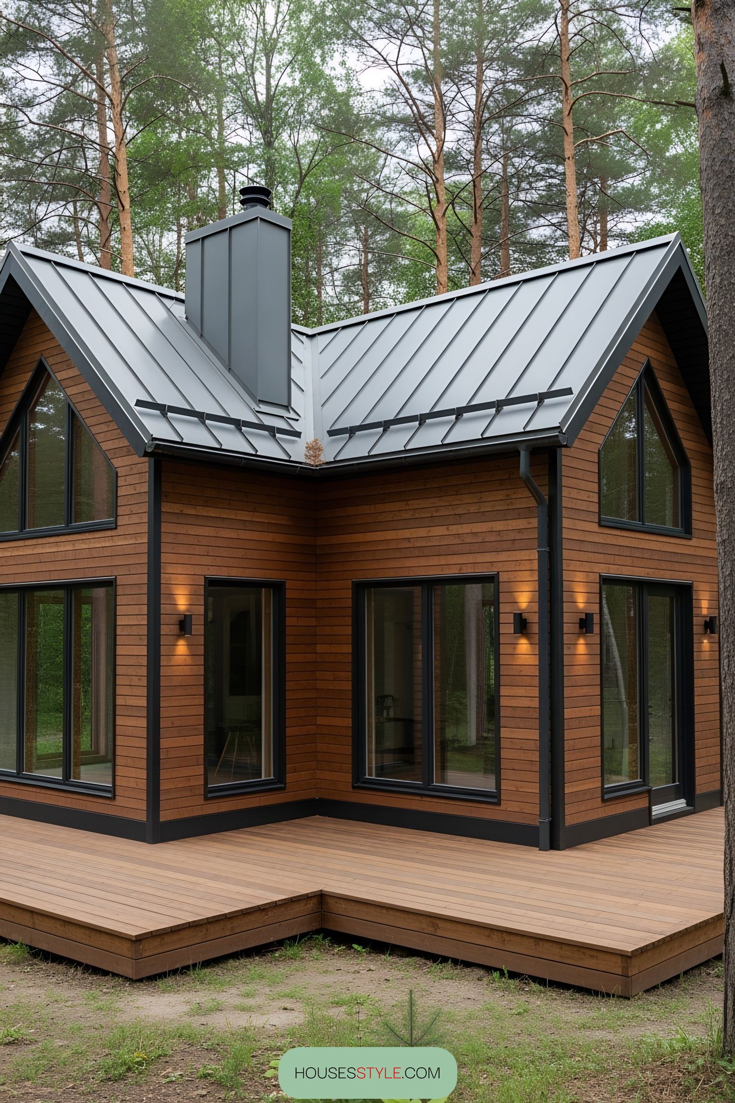Small rustic house with metal roof and large windows
