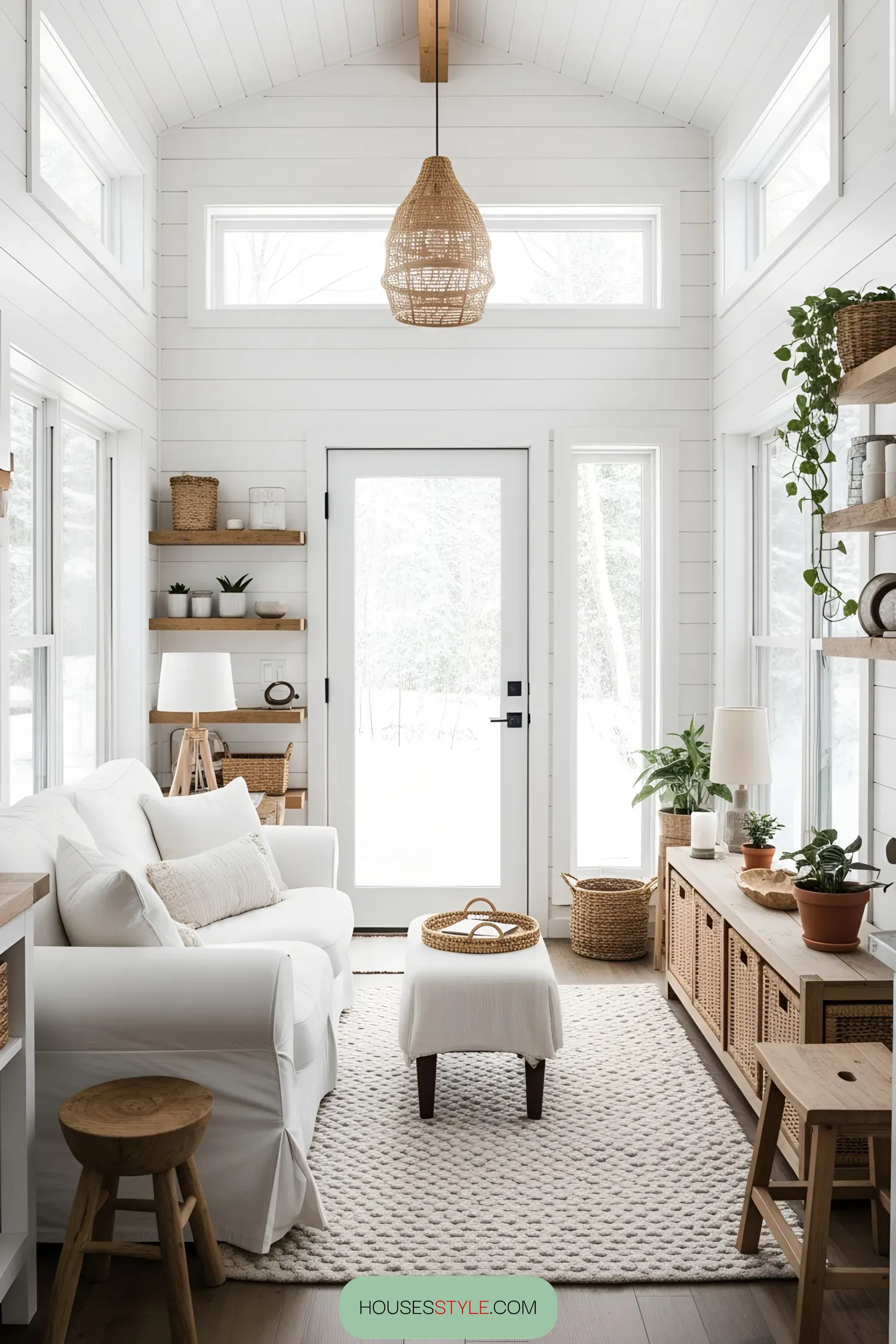 Bright and cozy tiny cottage interior with white and wooden accents