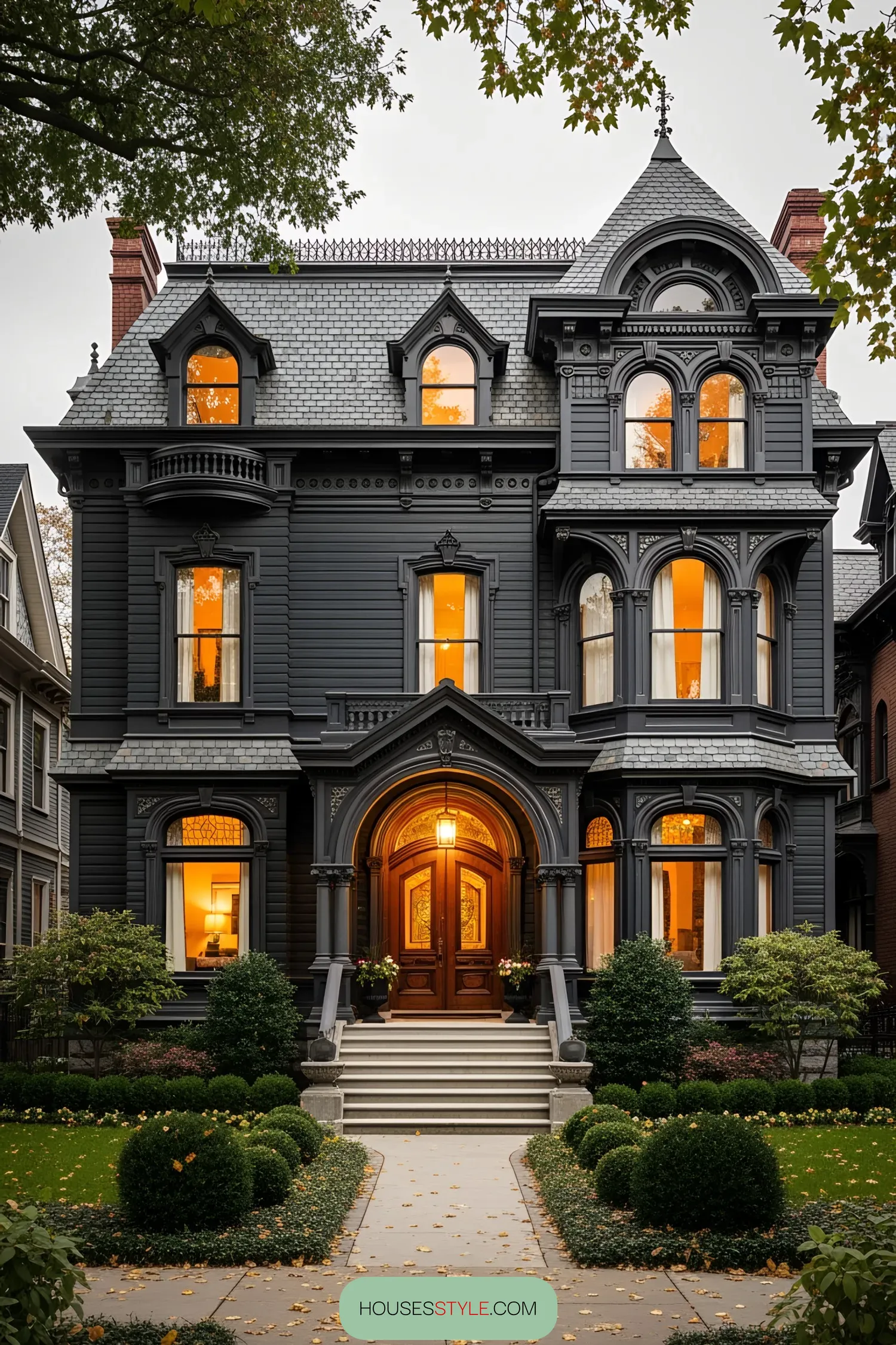 Victorian house painted in black with a warm glow from the windows