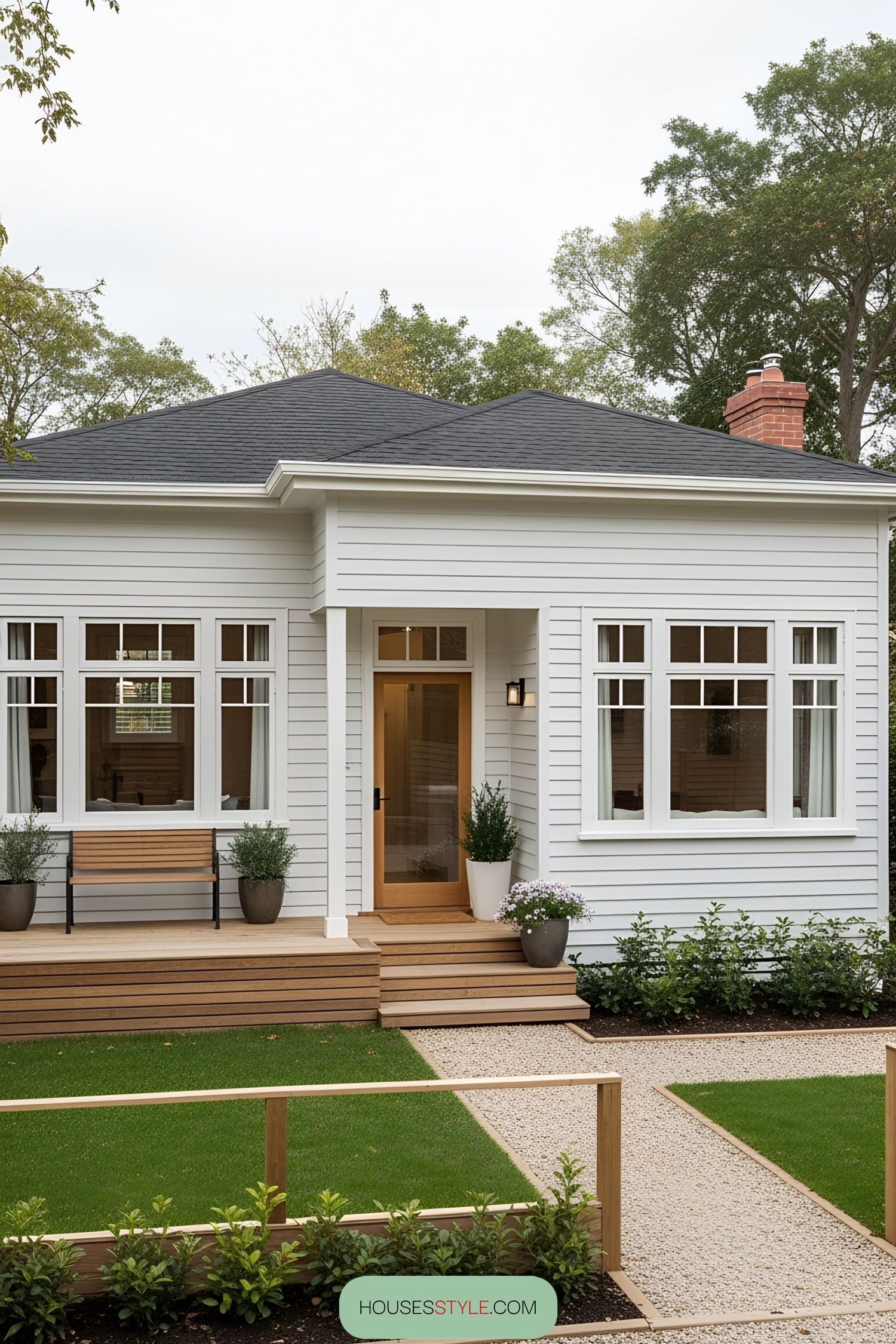 A charming white bungalow with a wooden porch and manicured lawn