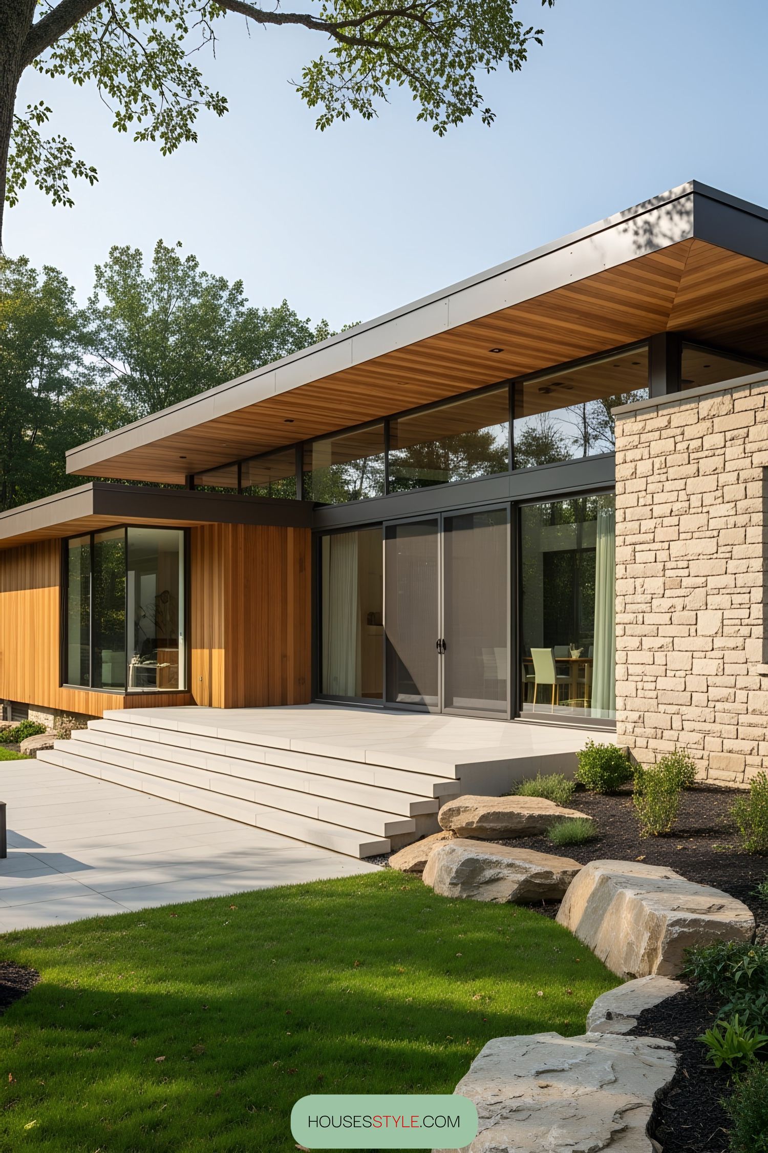 Modern one-story house with wooden and stone elements