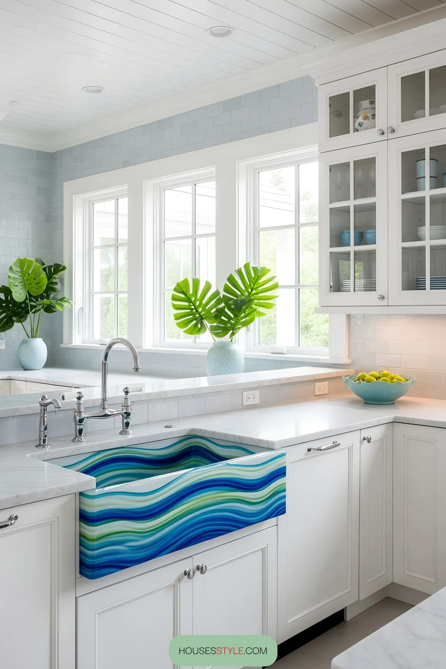 Colorful sink in a bright coastal kitchen