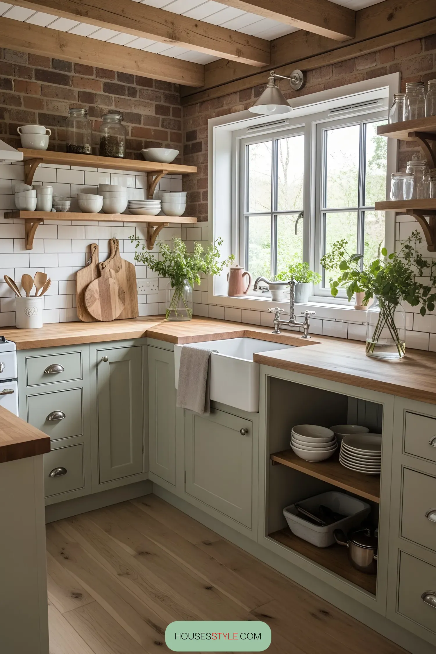 Charming kitchen with rustic shelves and greenery