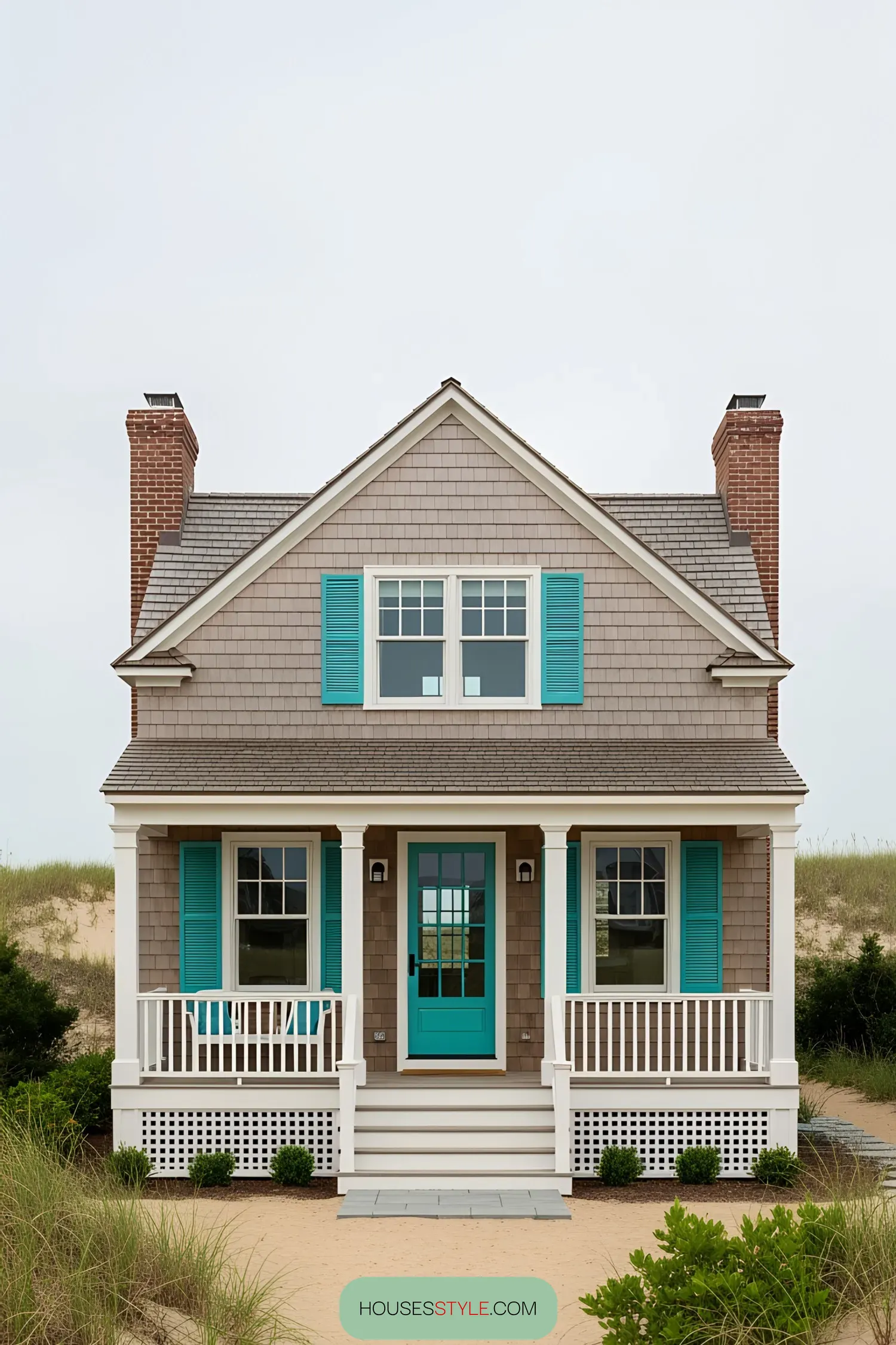 Compact coastal house with blue shutters