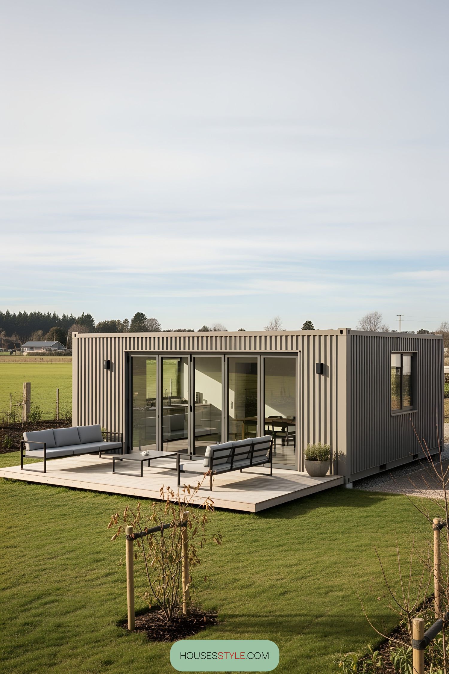 Modern container office with a patio in a green setting
