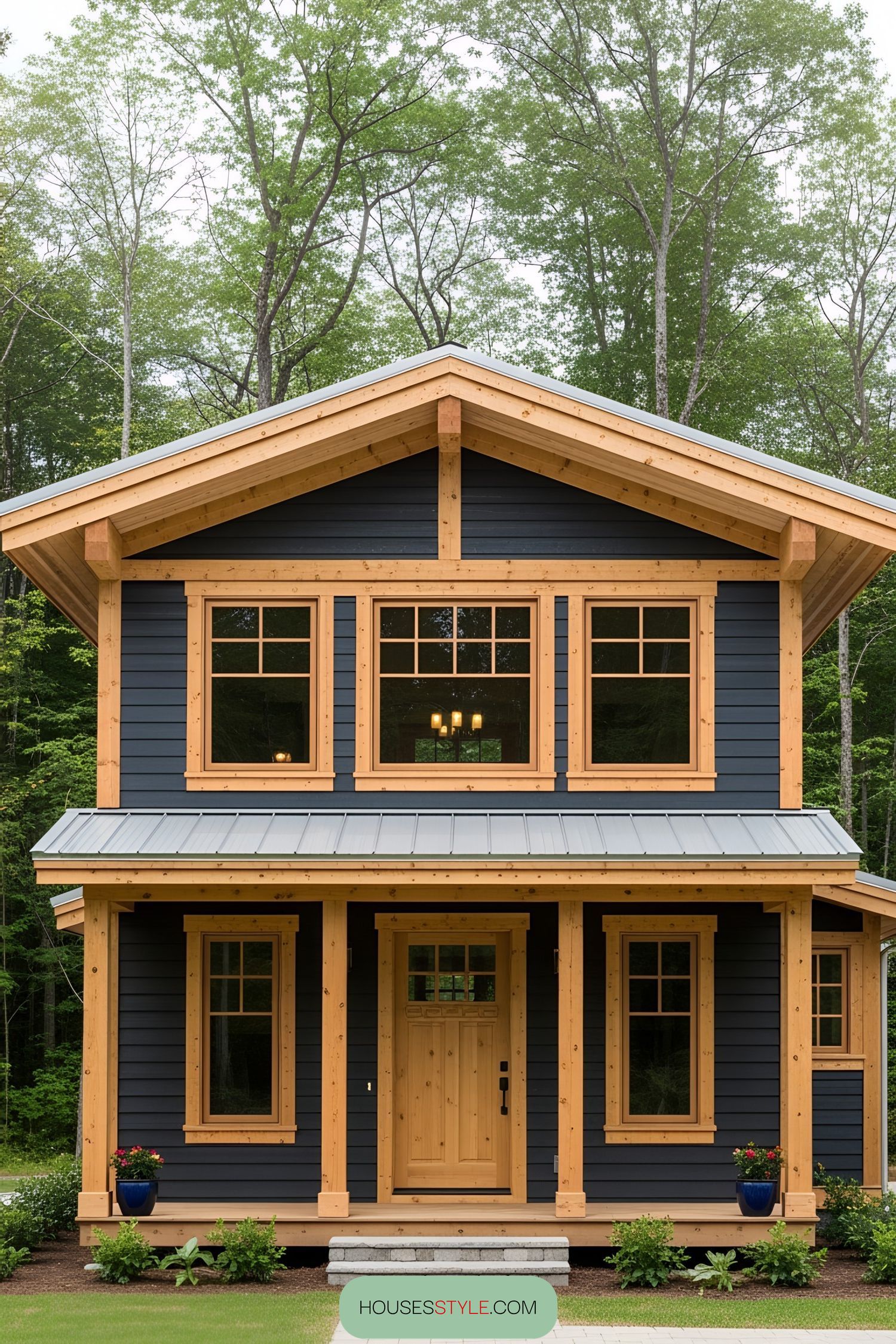Wooden house with blue siding and large windows