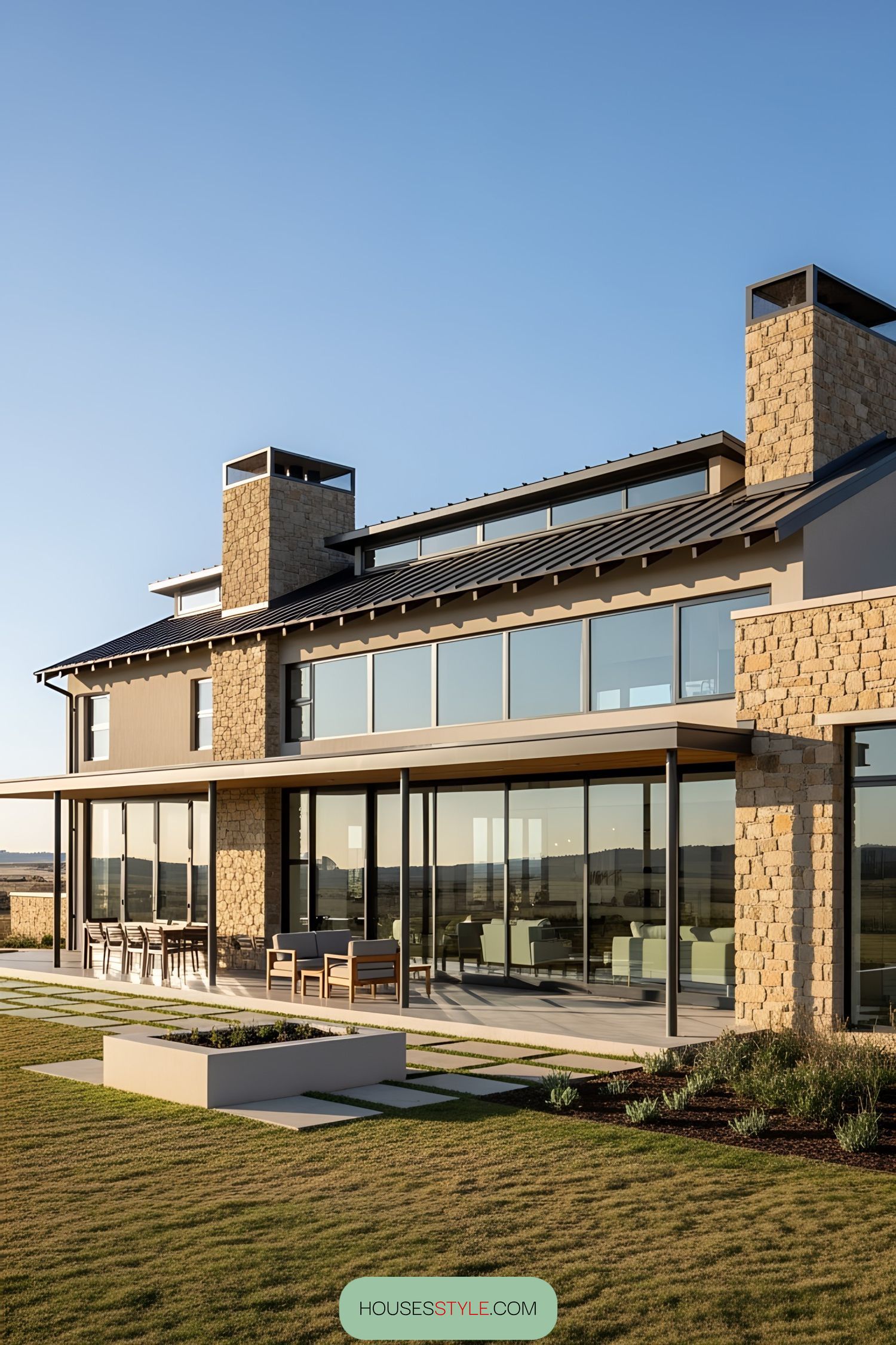 Modern one-story luxury home with large windows and stone accents