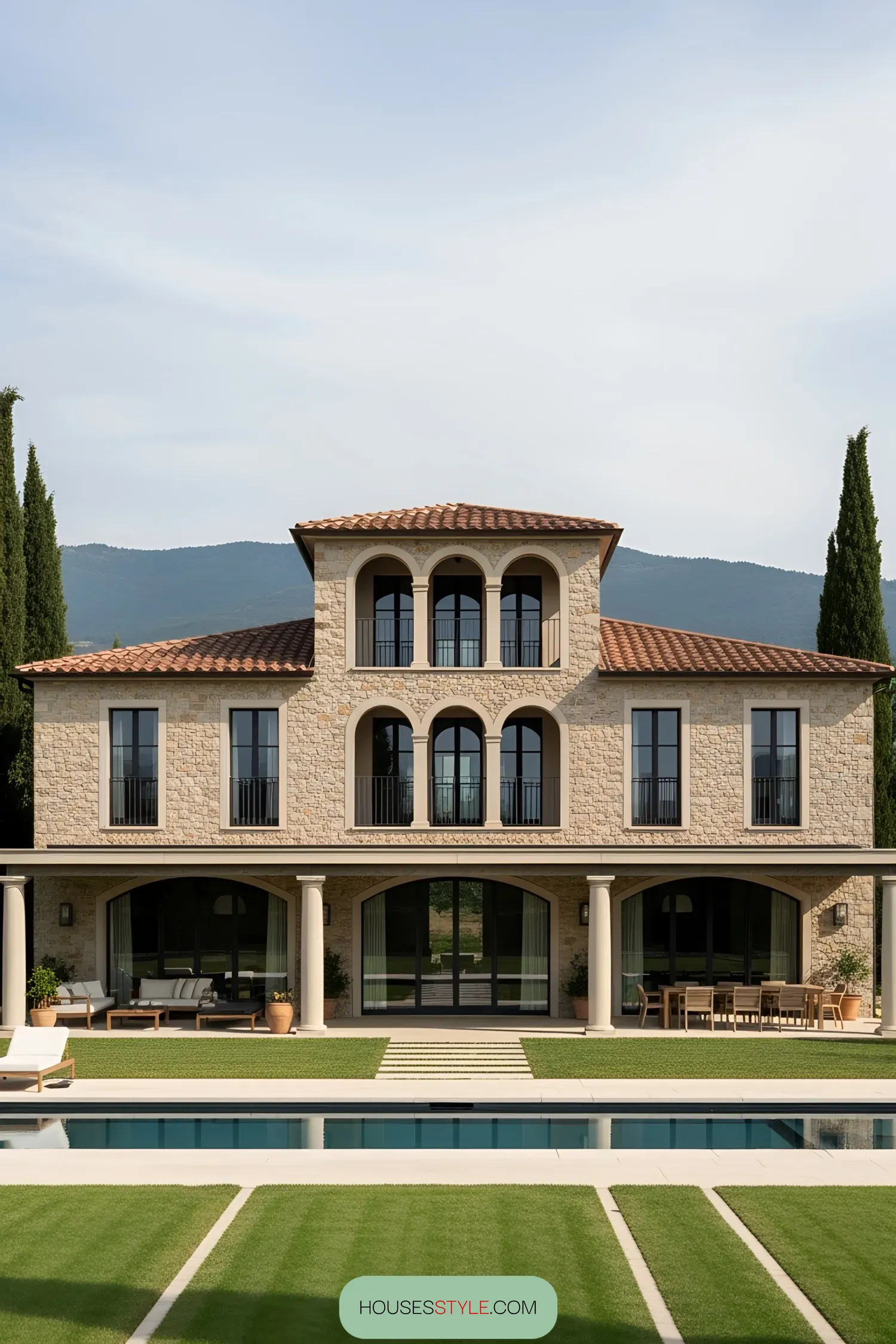 Contemporary Tuscan villa with large windows and a pool