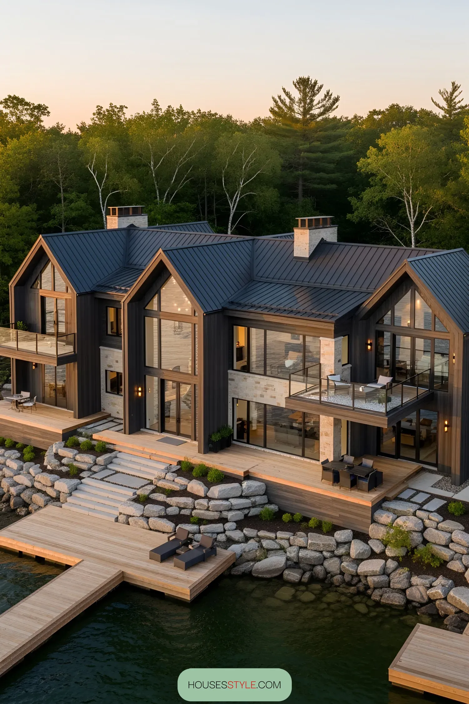 Modern lakeside house with large windows and wooden decks