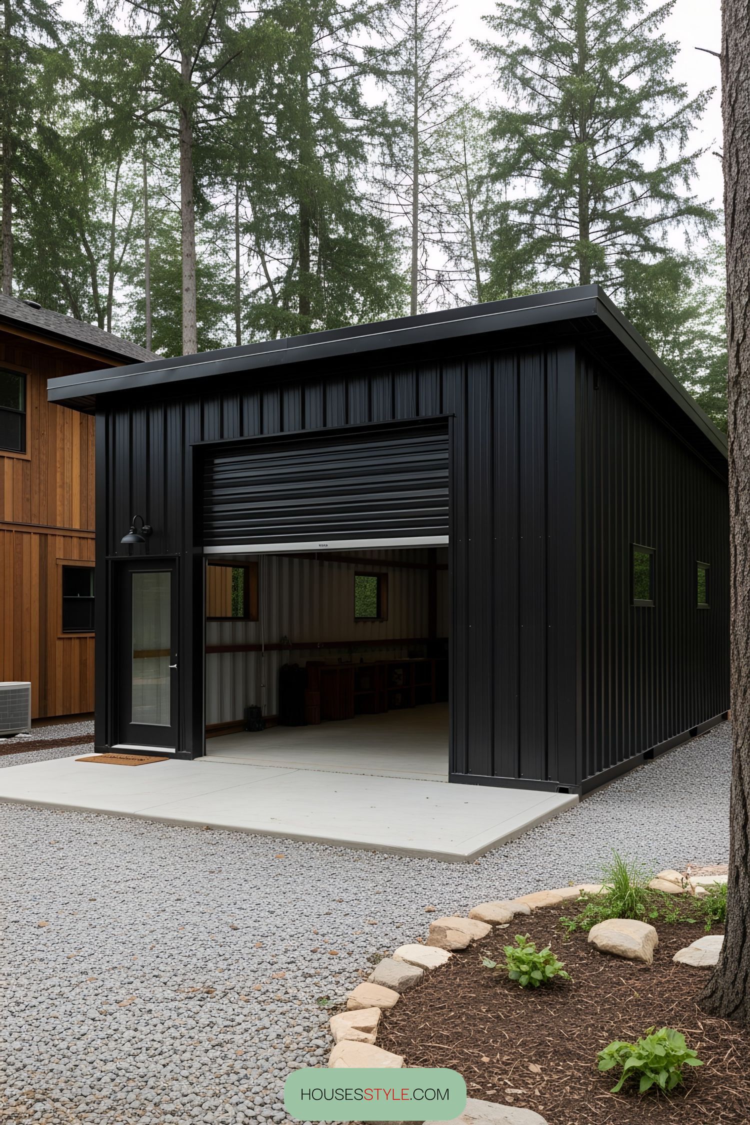 Black metal shipping container workshop surrounded by trees