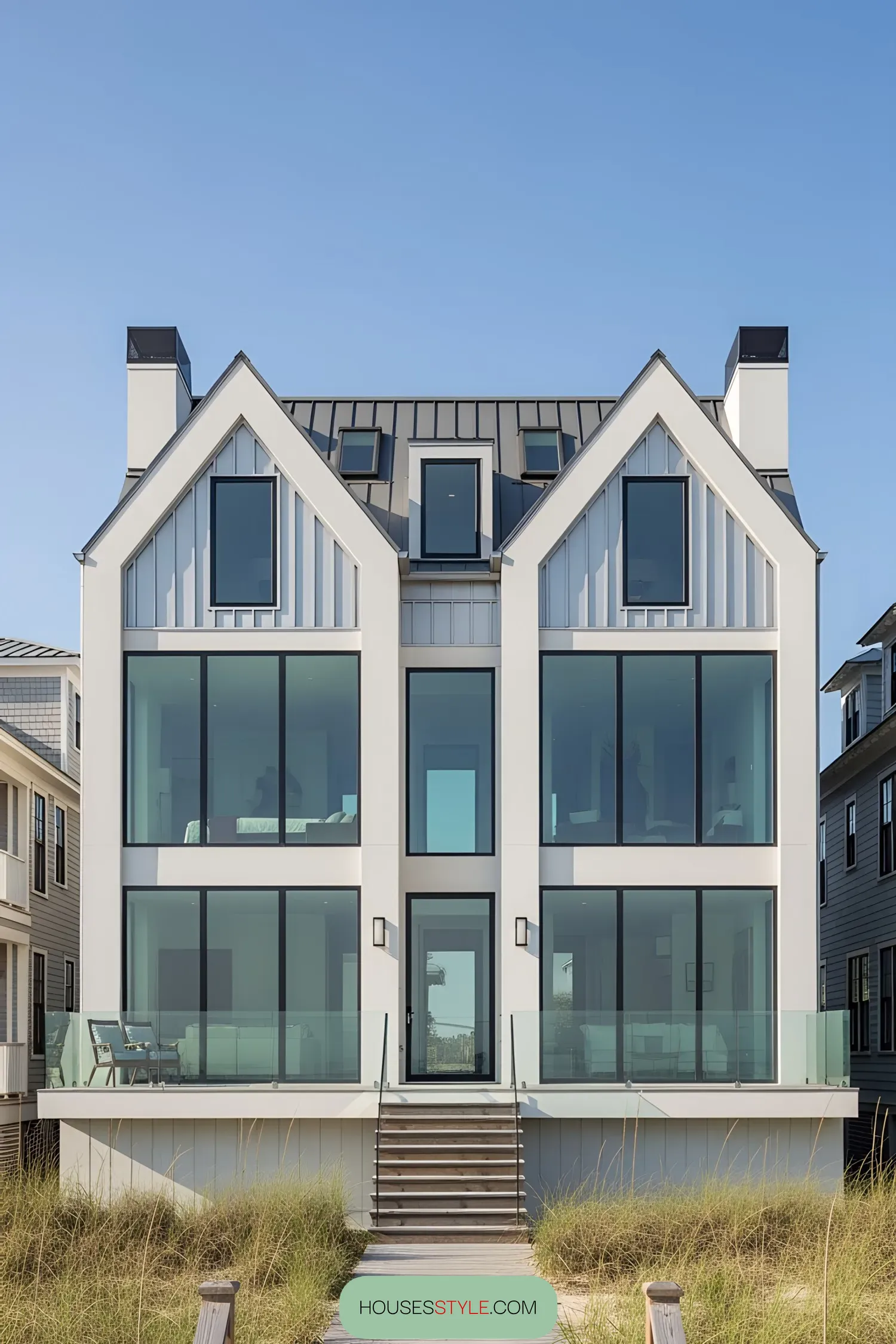 Modern coastal house with large glass windows and clean lines
