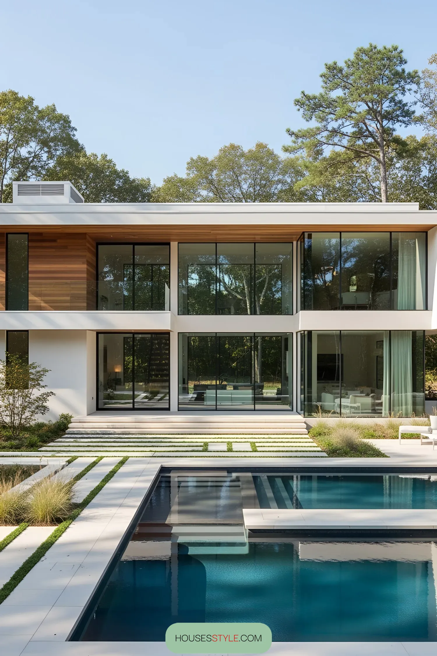 Modern house with large windows and pool
