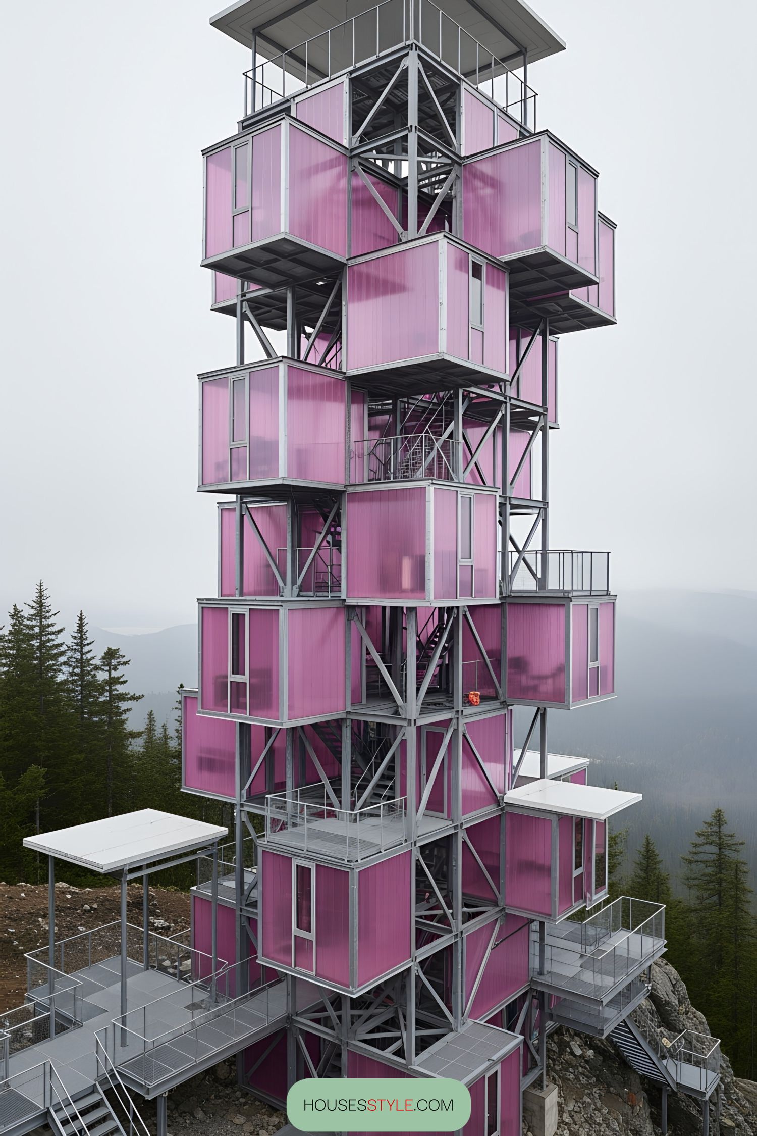 Pink and steel tower with stacked cube design
