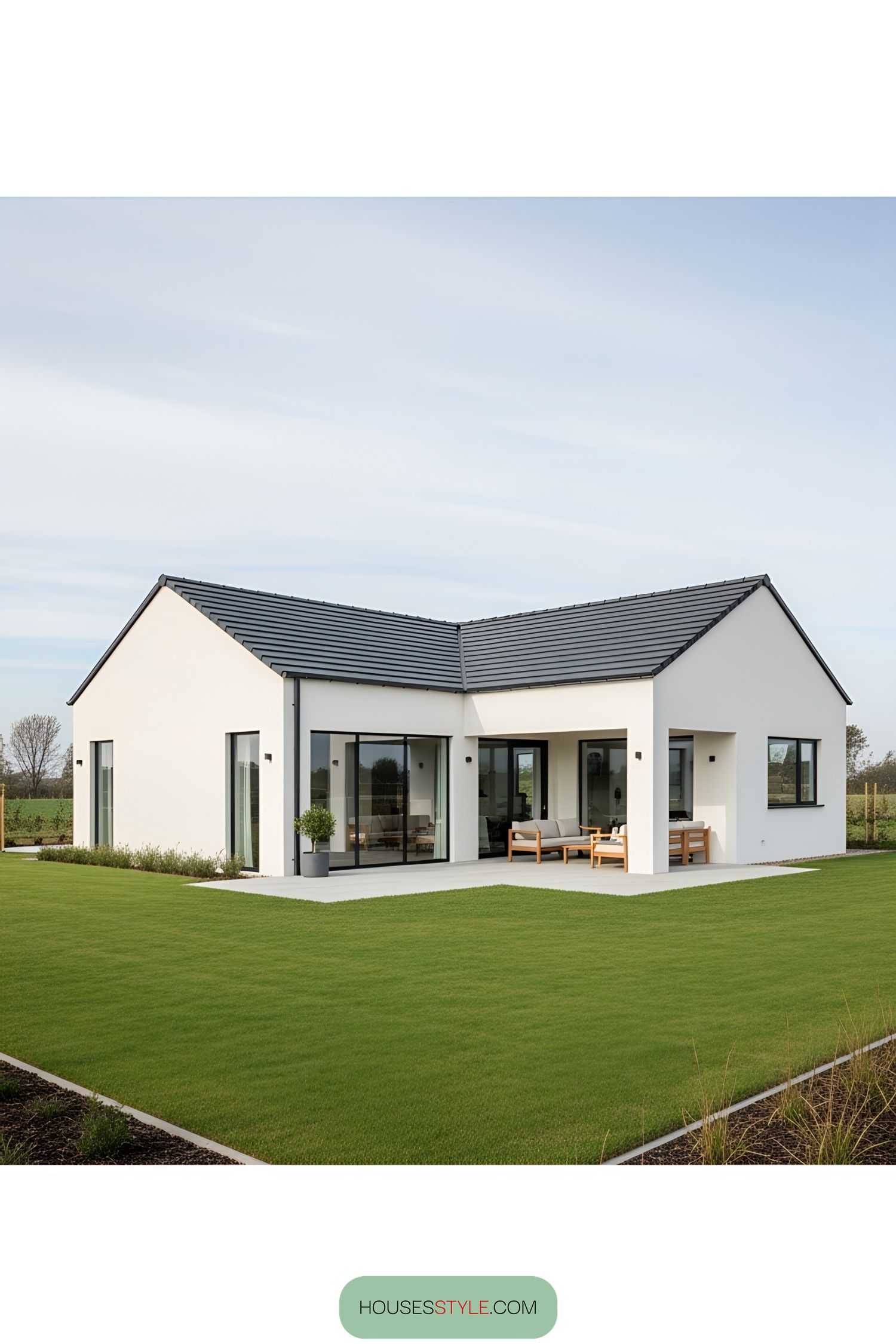 Sleek modern white bungalow with a lush yard