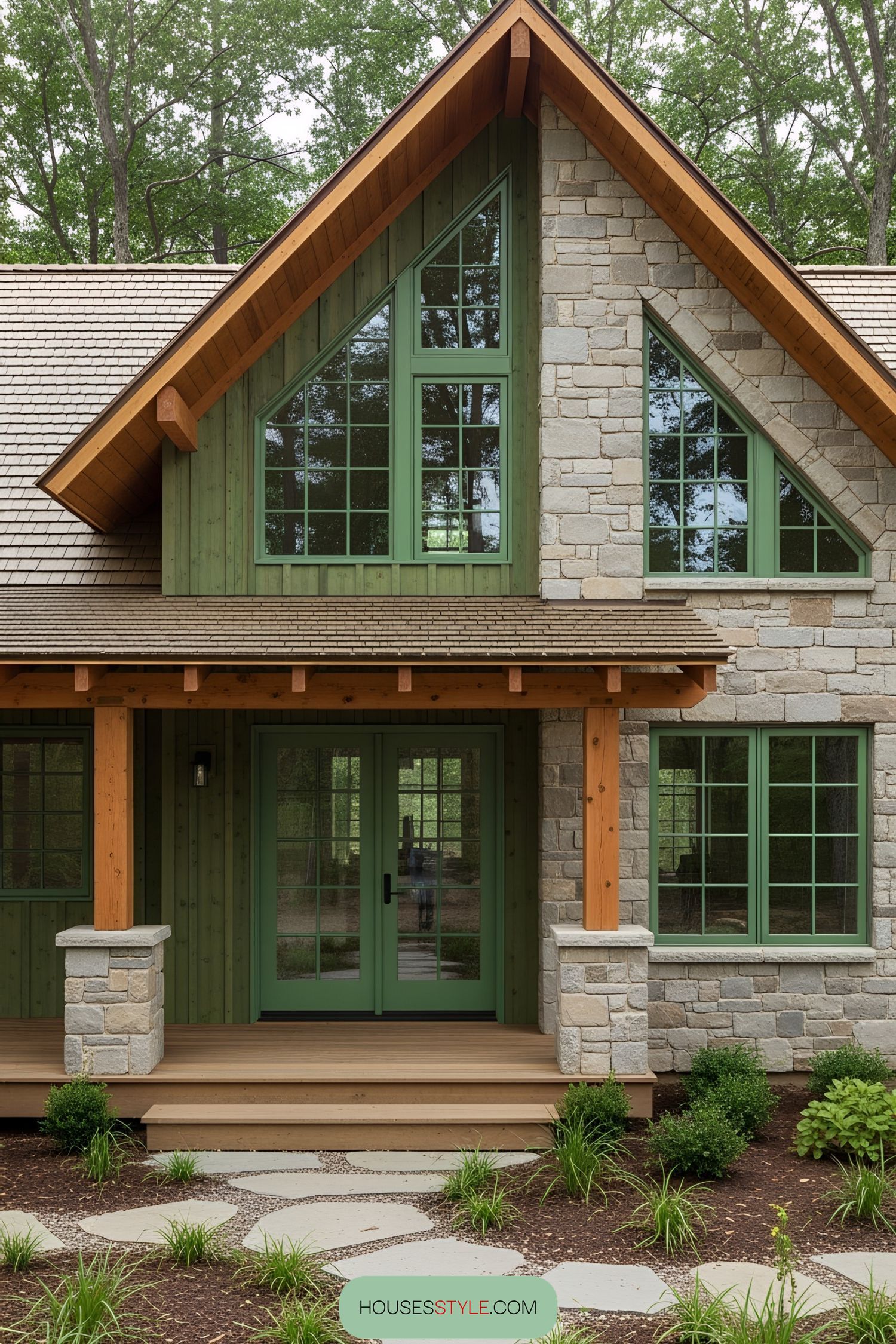 Rustic house with stone and wooden facade nestled among trees