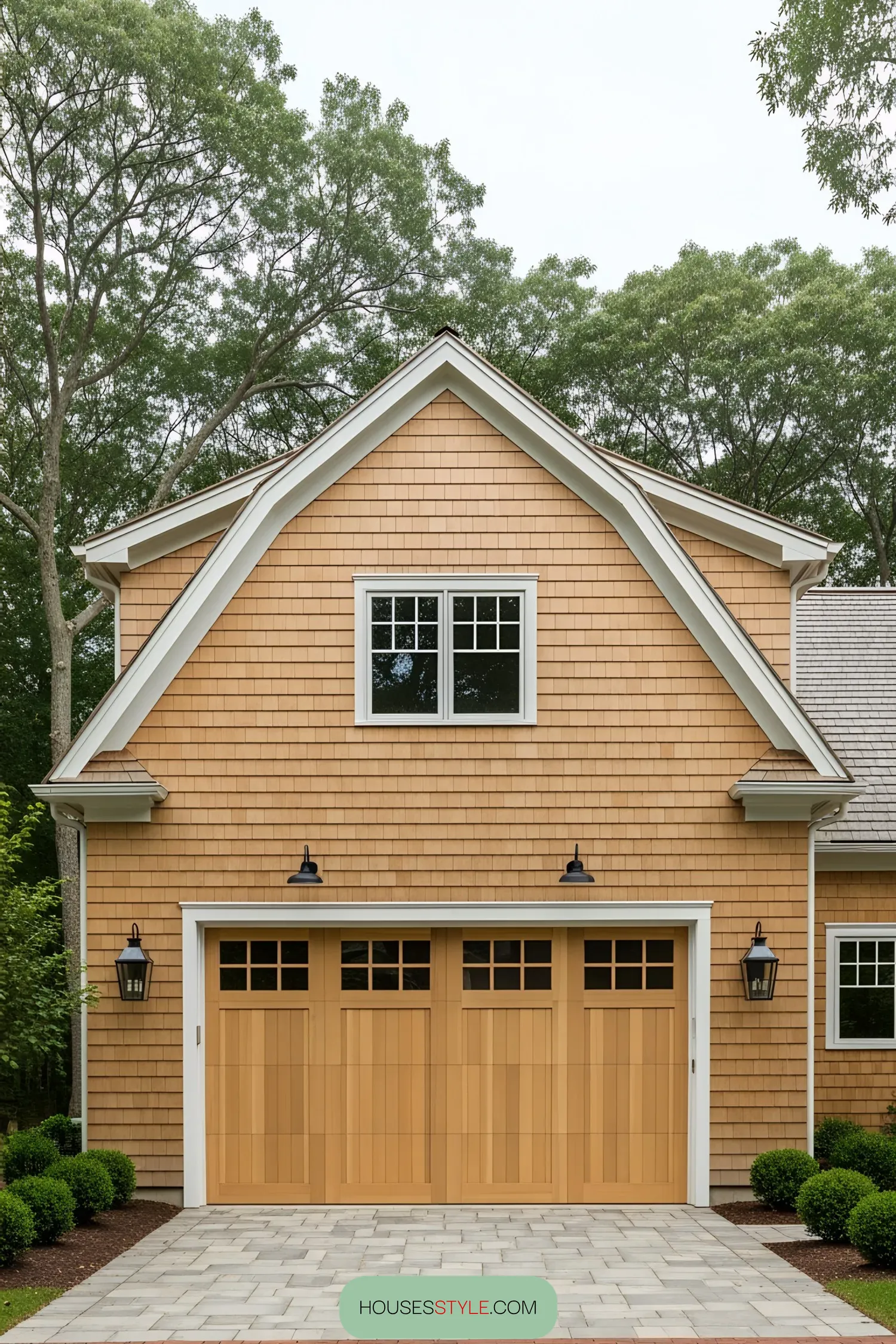 Farmhouse facade with wooden garage doors