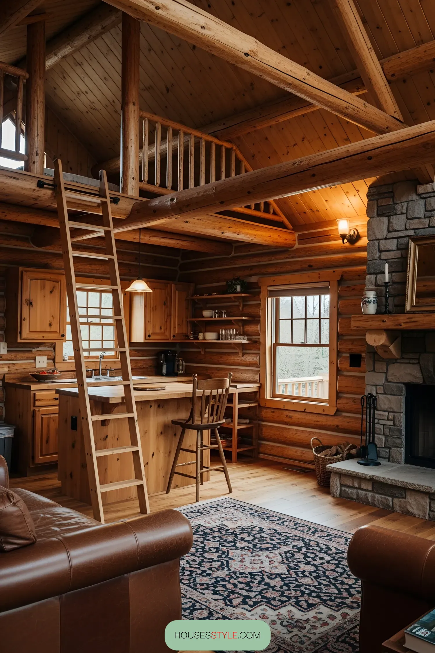 Warm log cabin interior with stone fireplace and wooden loft