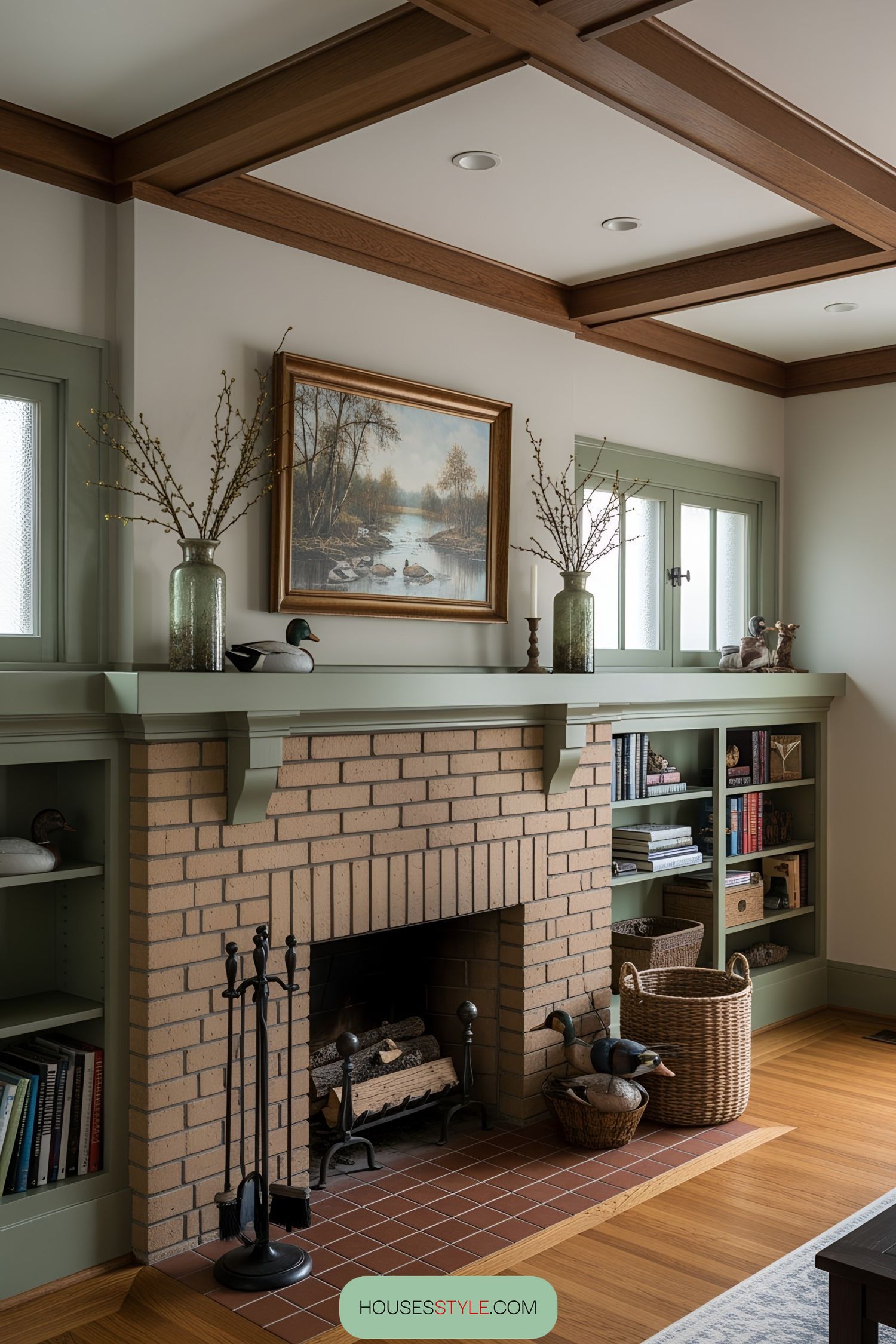 Fireplace with duck decor and cozy shelves