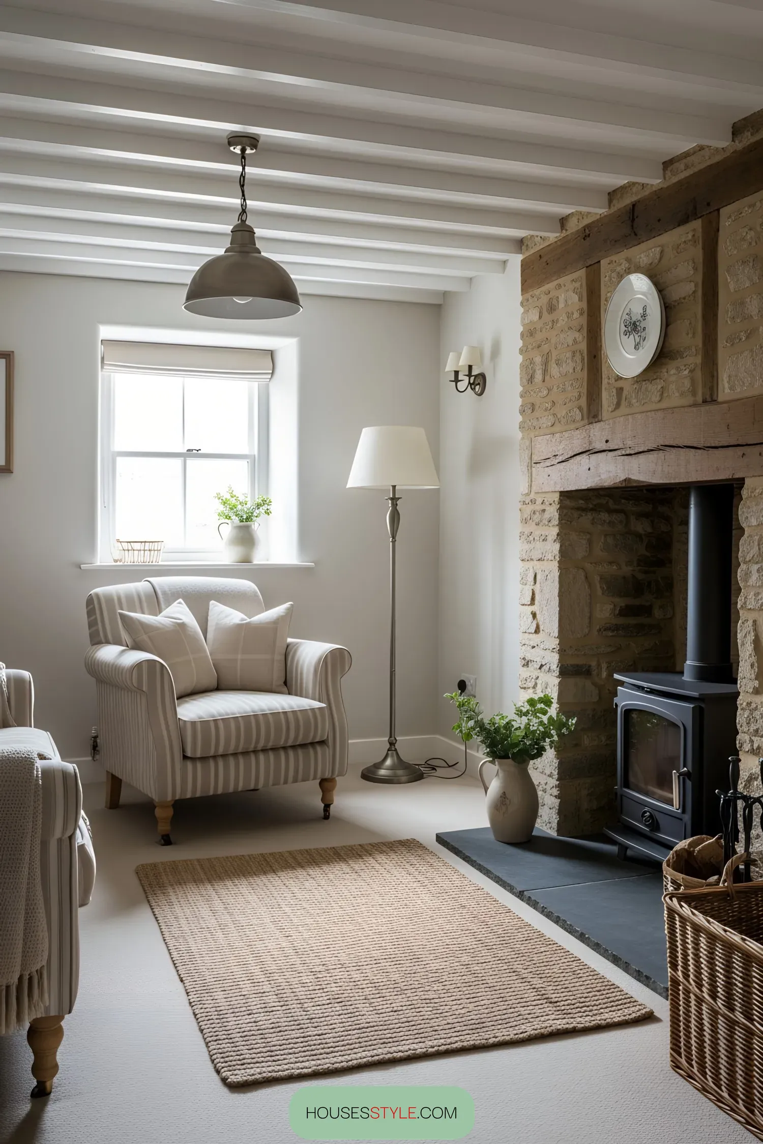 Interior of a cottage with a stone fireplace and cozy armchair
