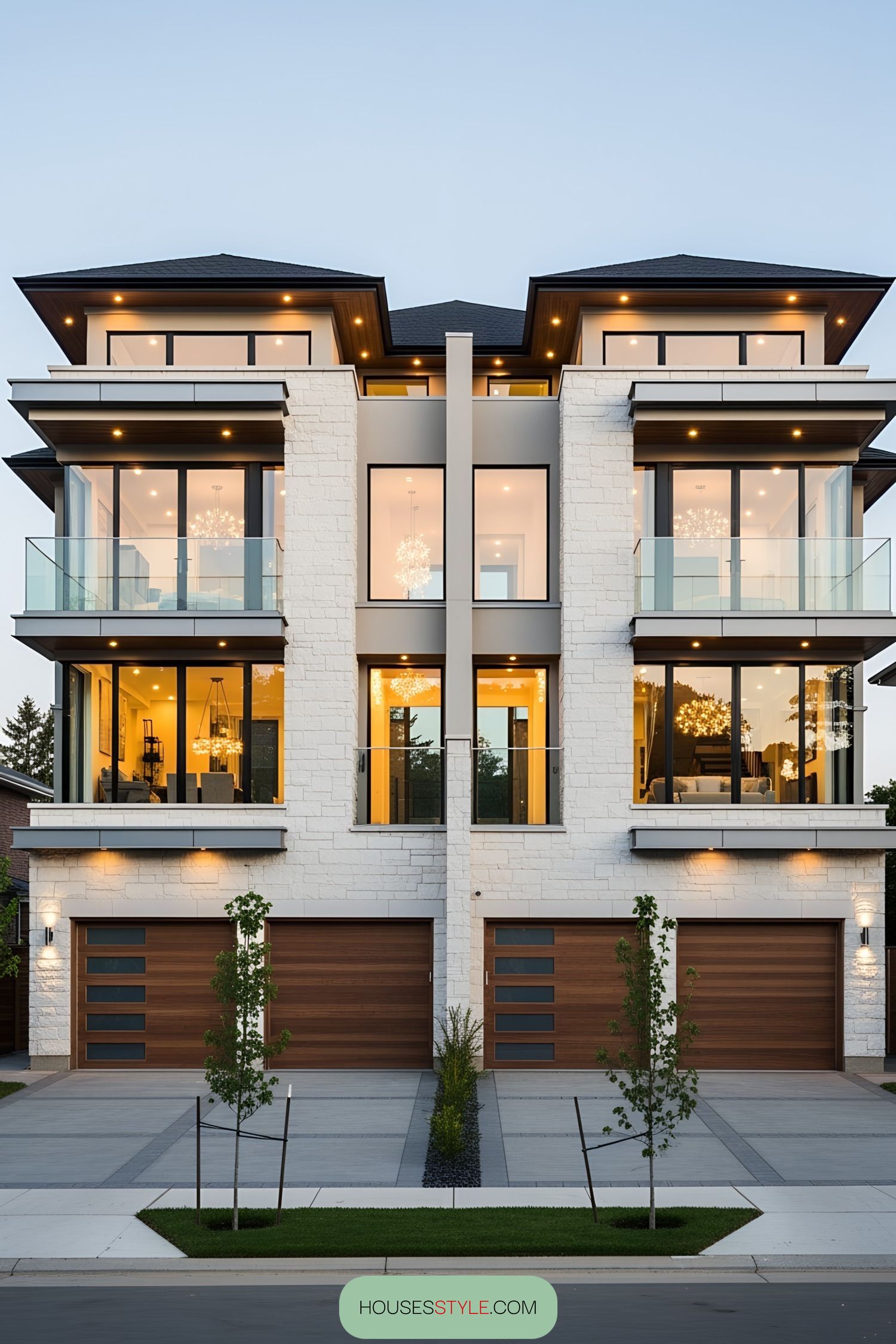 Elegant modern duplex with large windows and lush surroundings