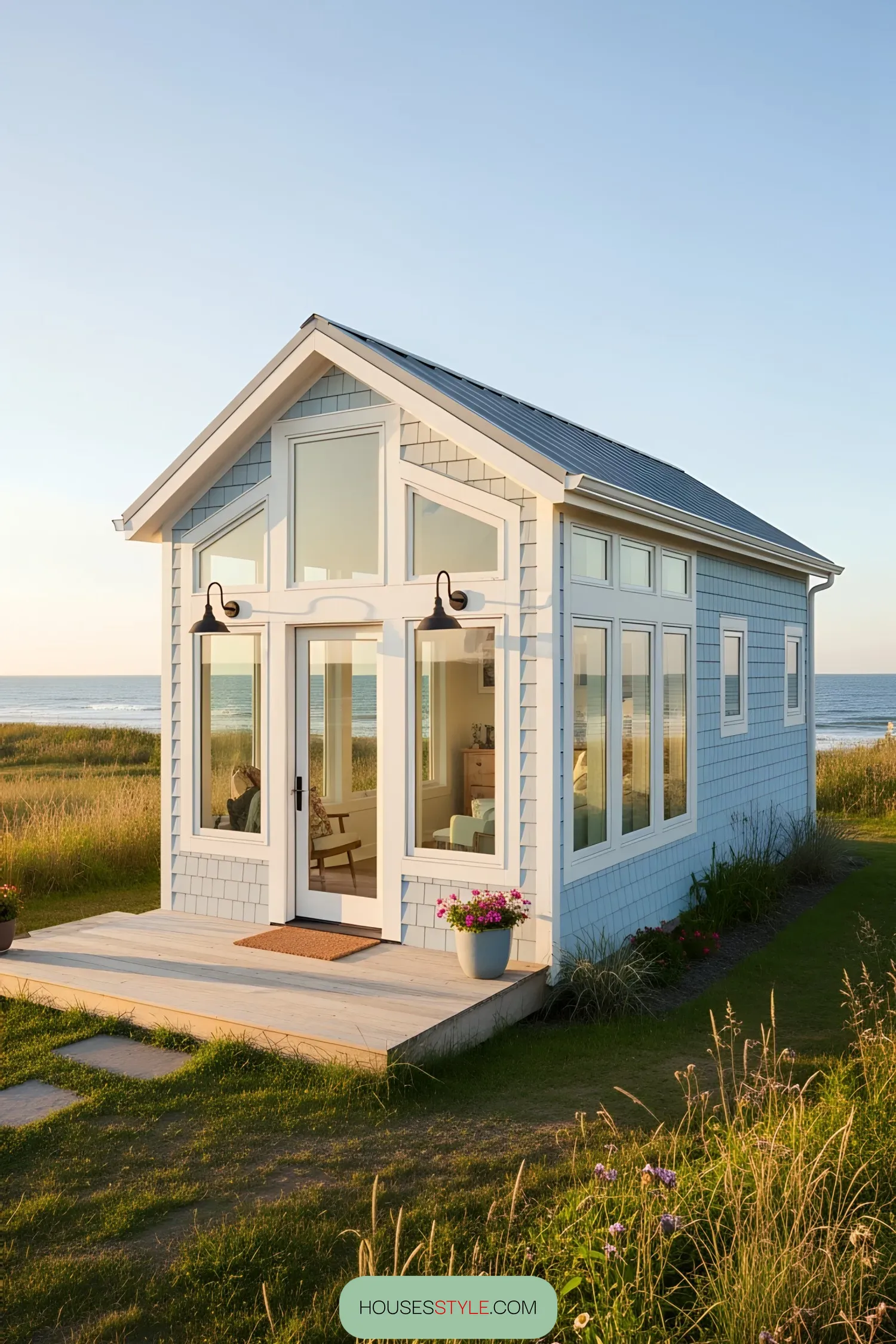 Small blue coastal house with large windows
