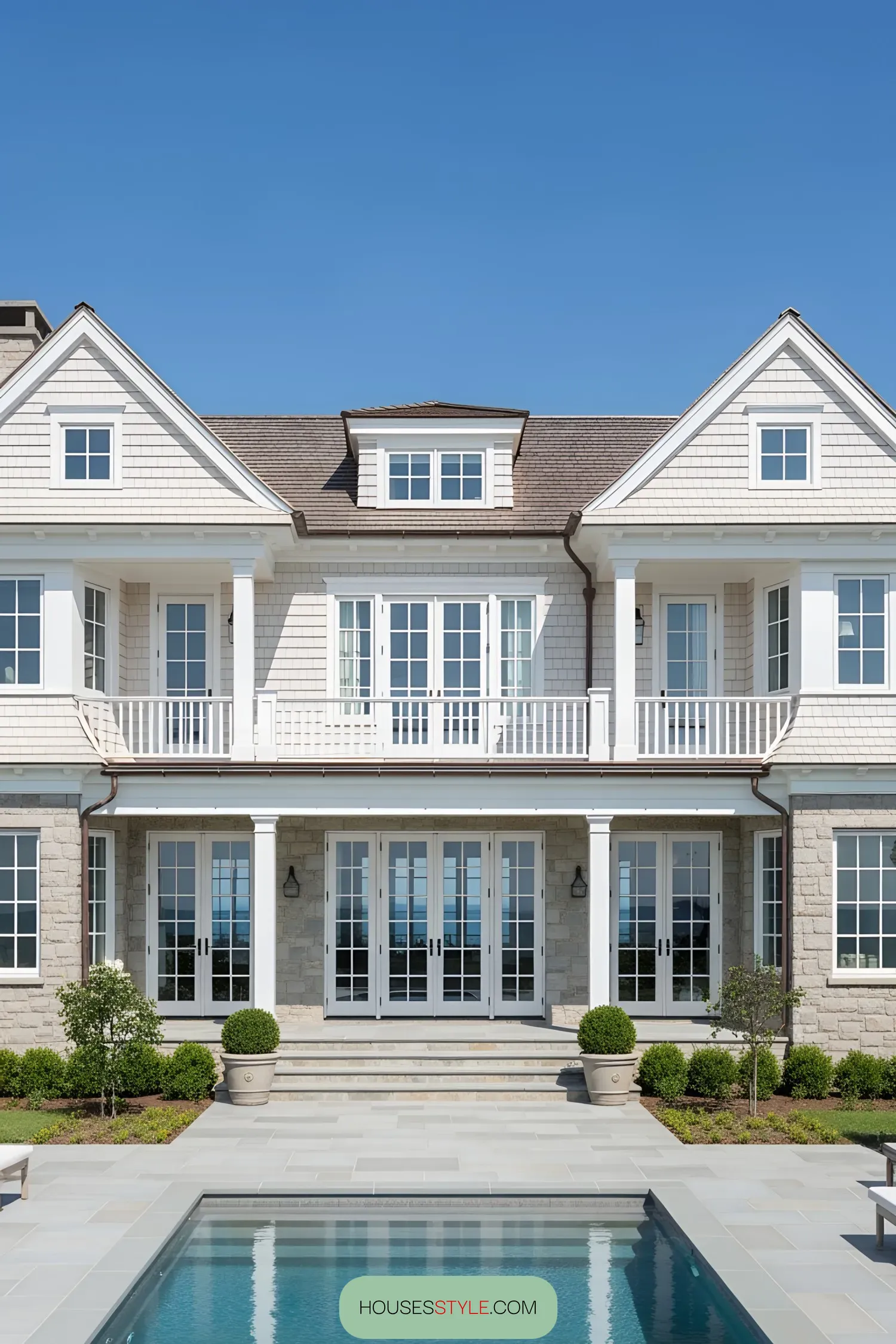 Coastal house with white siding and pool