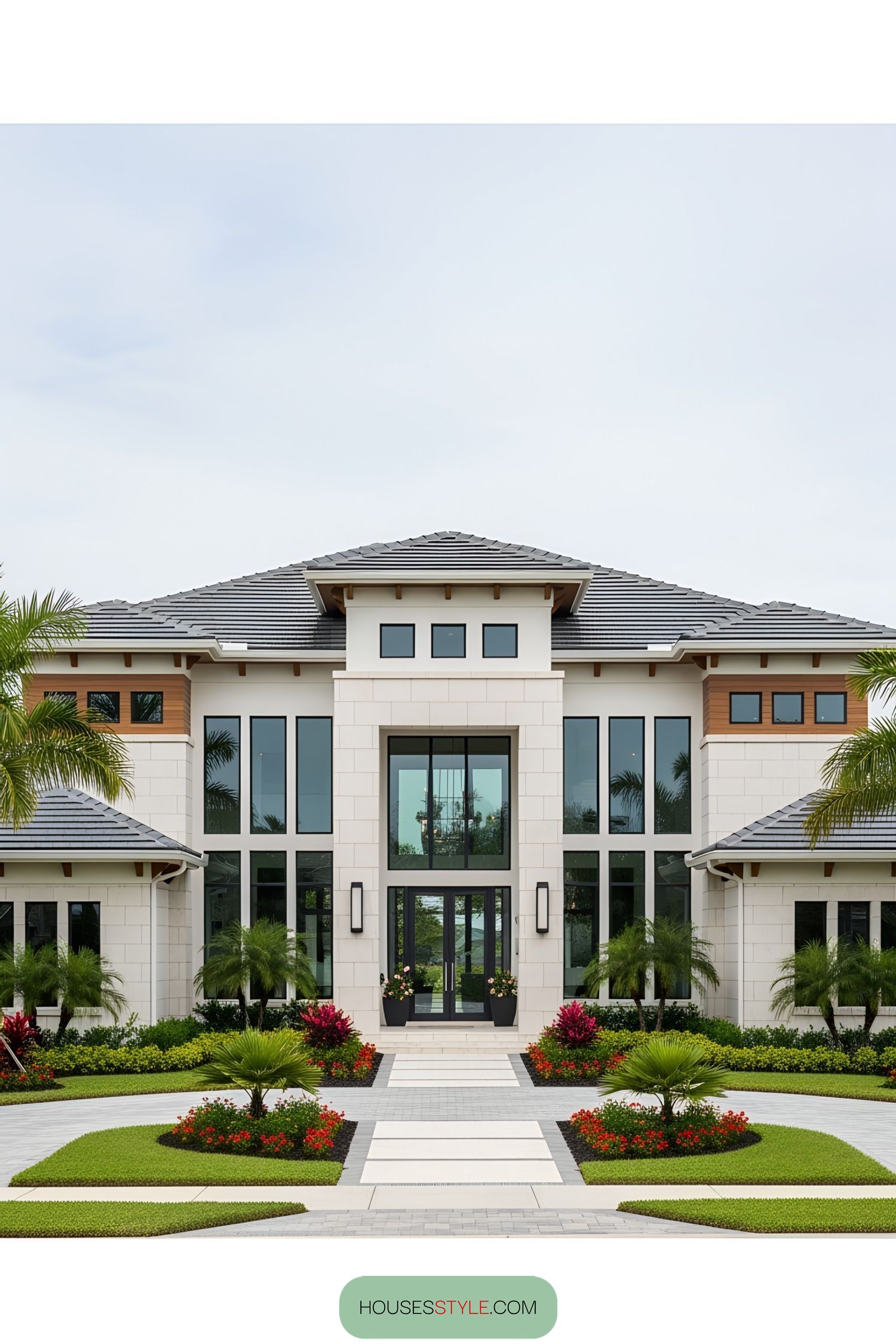 Modern house with large windows and manicured garden