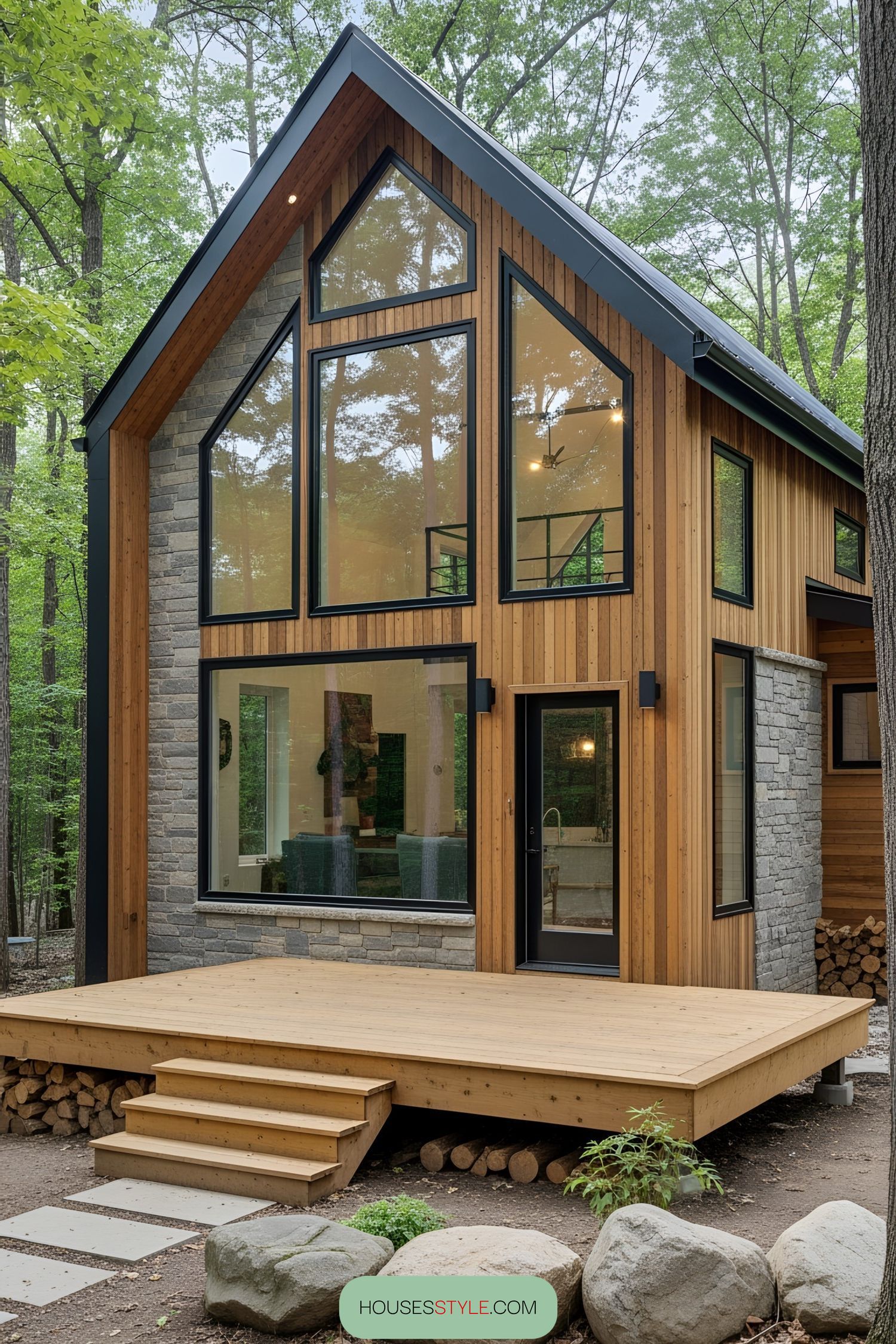 Modern rustic house with large windows and a wooden deck