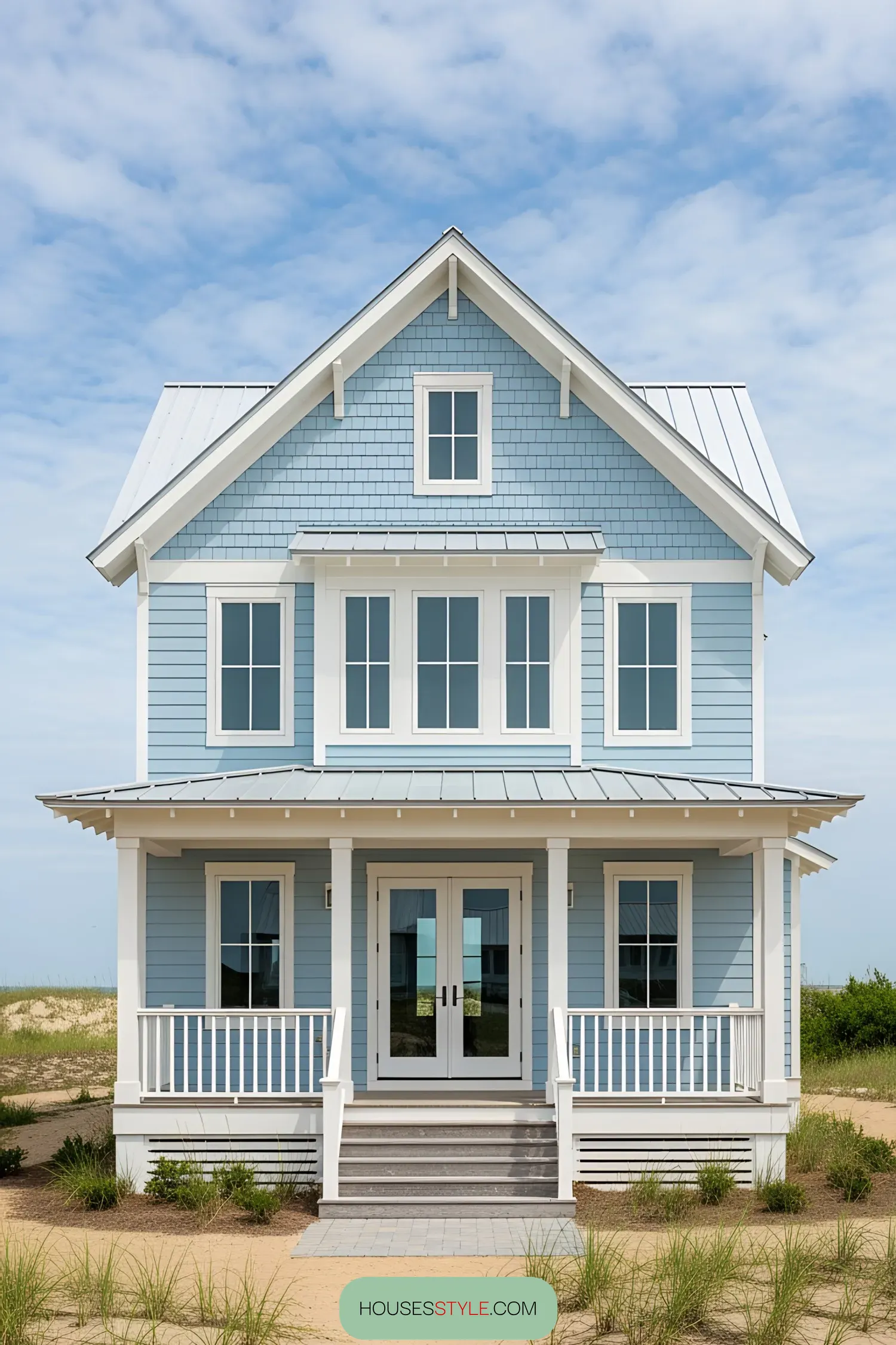 Charming blue coastal cottage with white trim