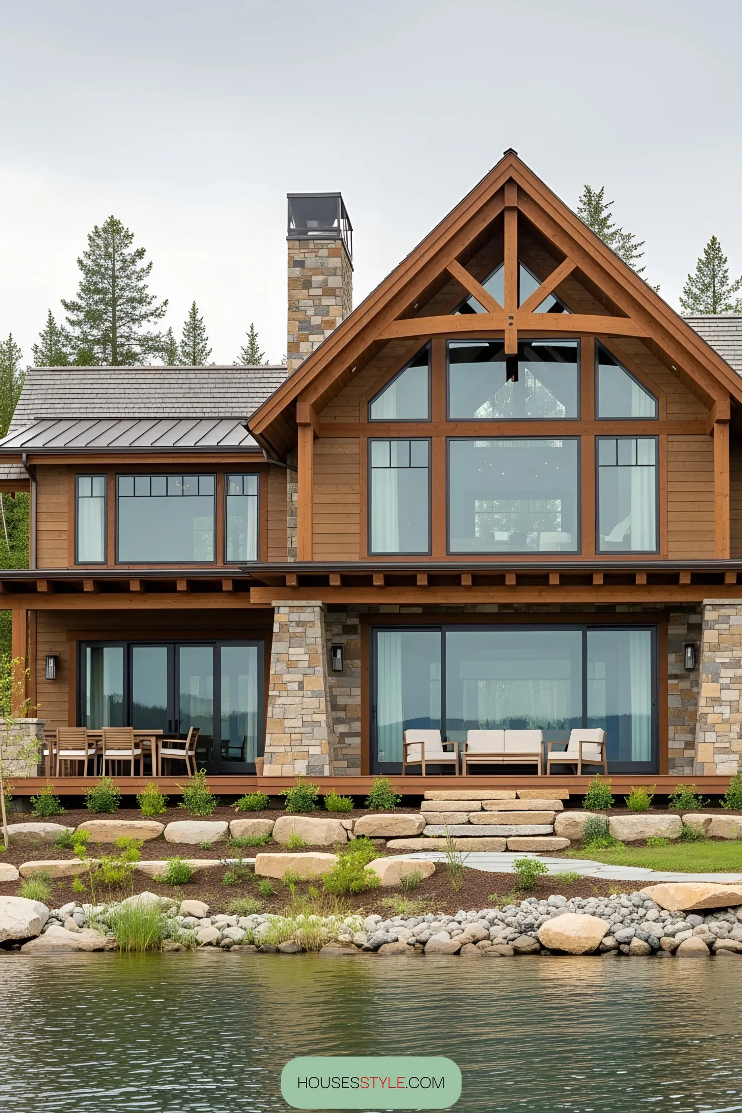 Lakefront house with wooden beams and stone accents