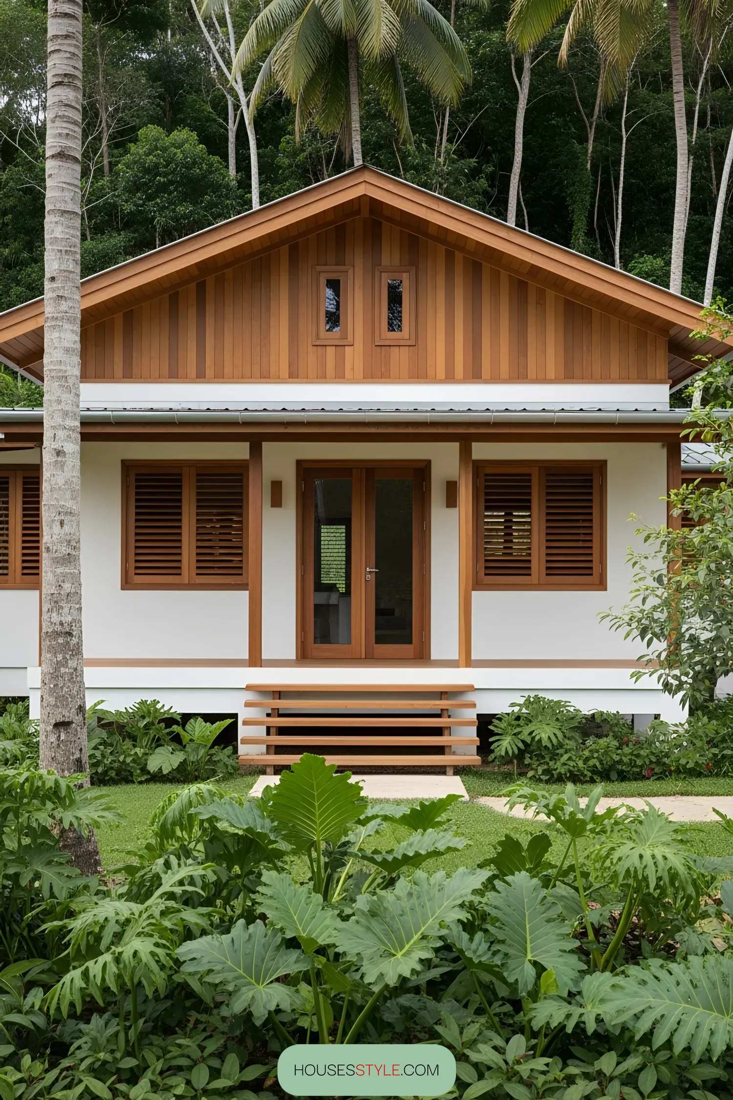 Colonial house with wooden accents surrounded by lush greenery