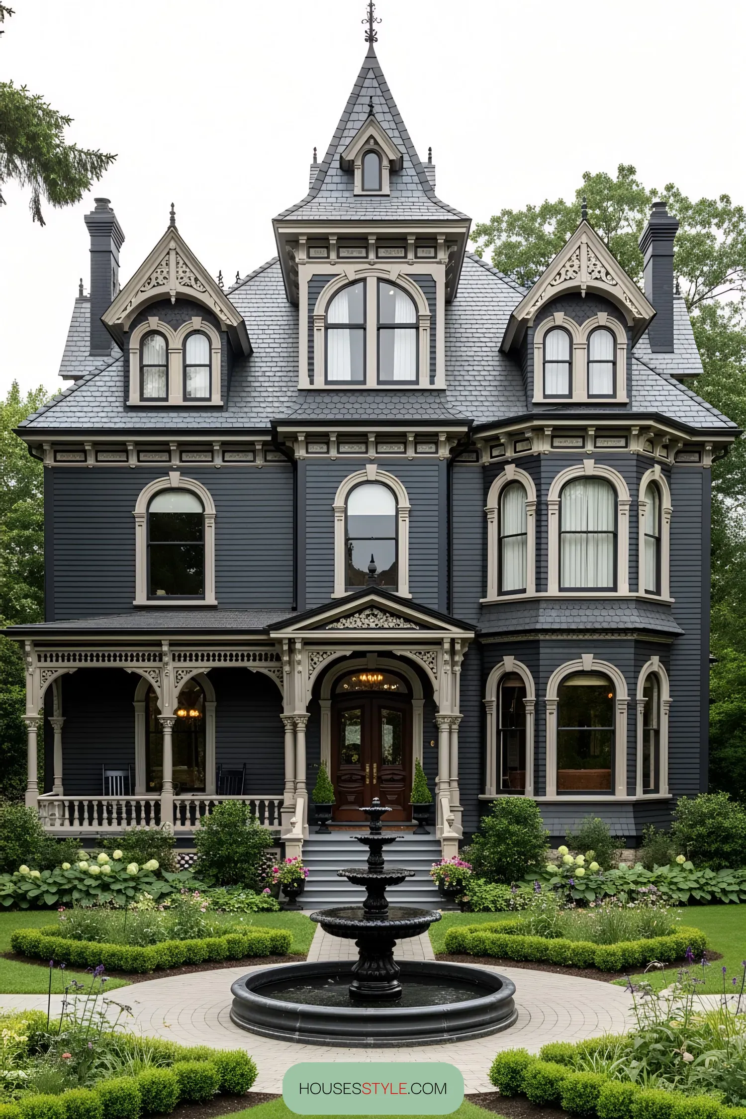 Black Victorian house with ornate details and a central fountain