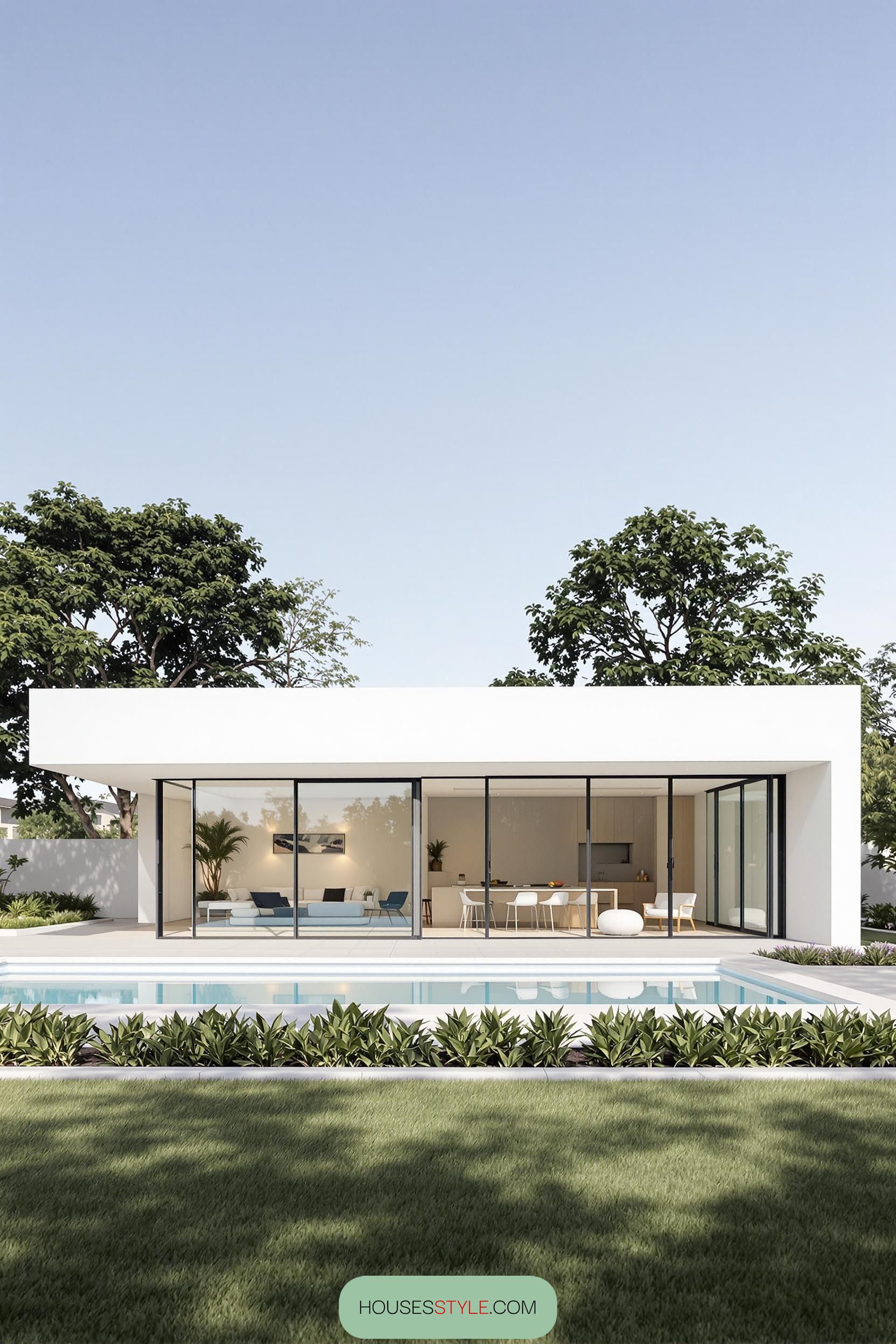 Sleek, minimalist bungalow with a pool and greenery