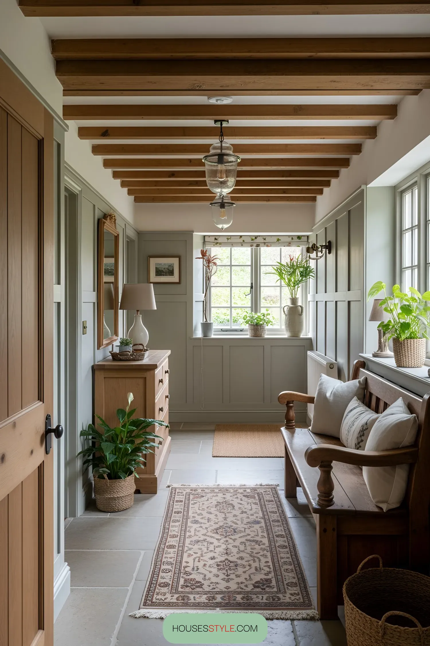 Cozy cottage hallway with wooden beams and plants