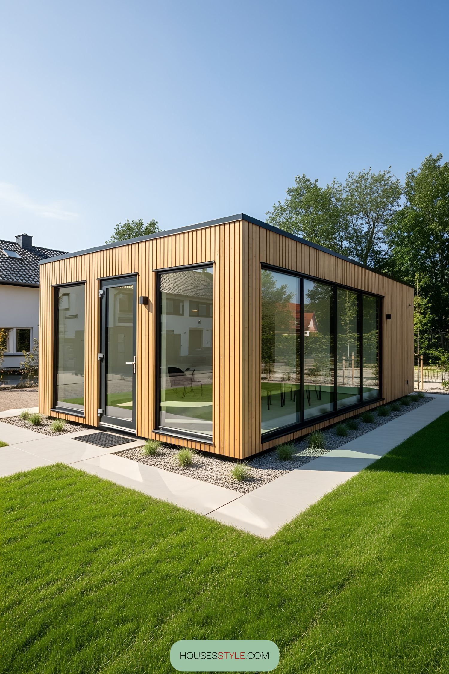 Wood-paneled, glass-fronted container office