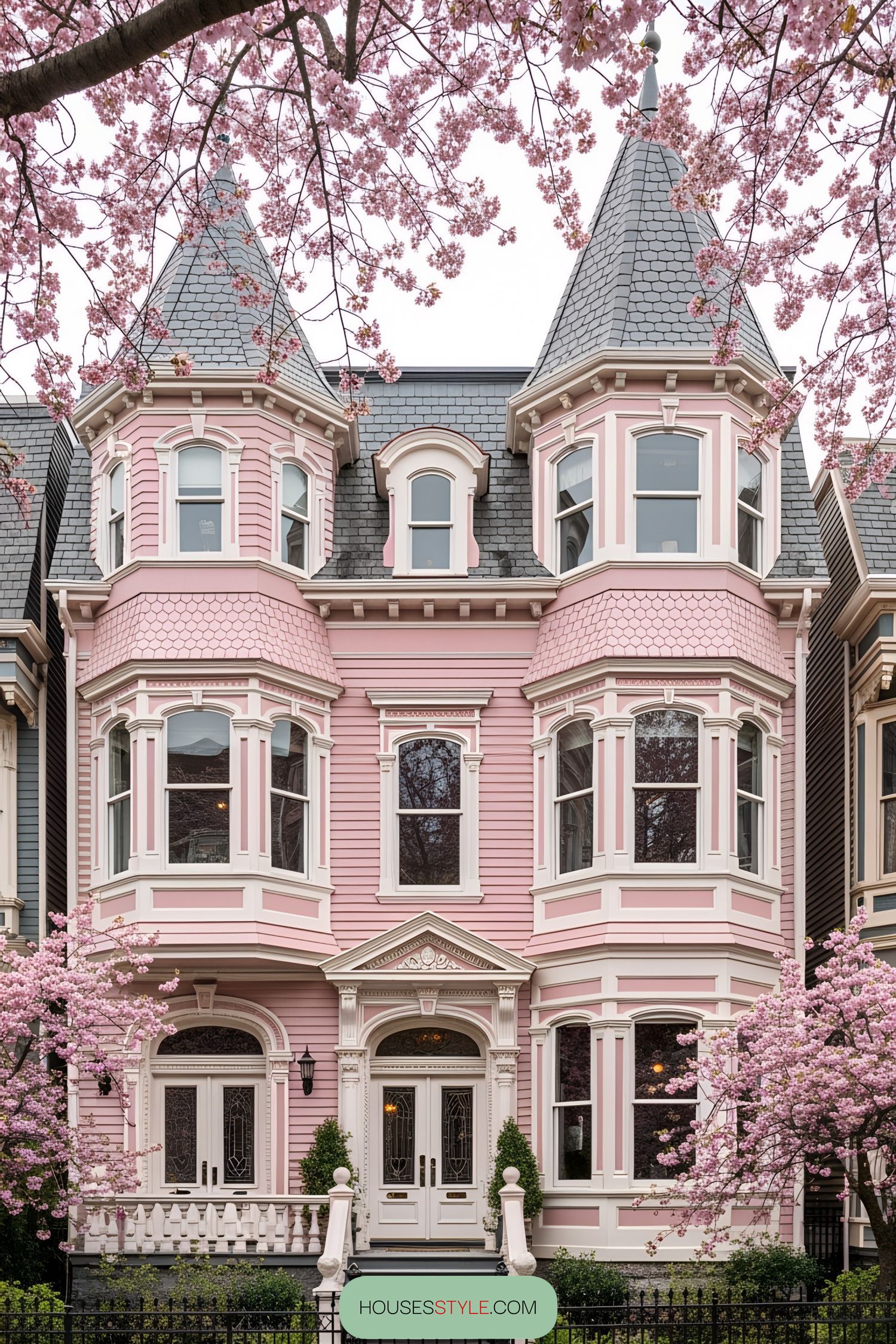 Elegant pink Victorian house with ornate details and turret