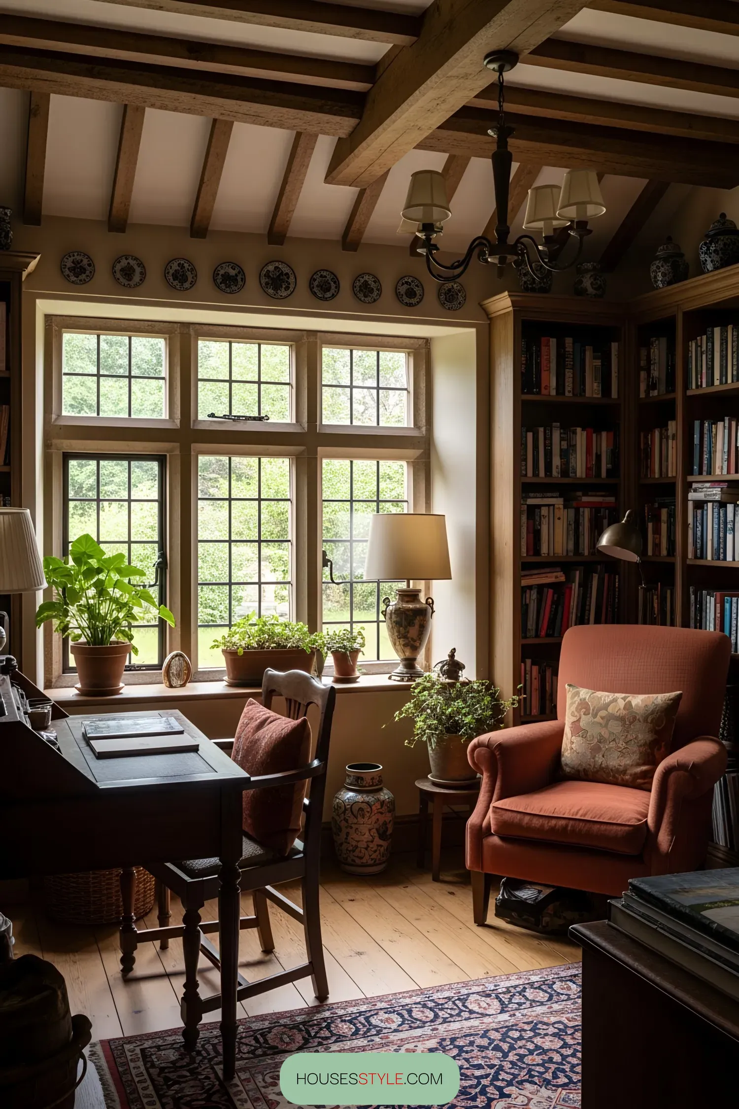 Cozy reading nook with armchair and plants by the window