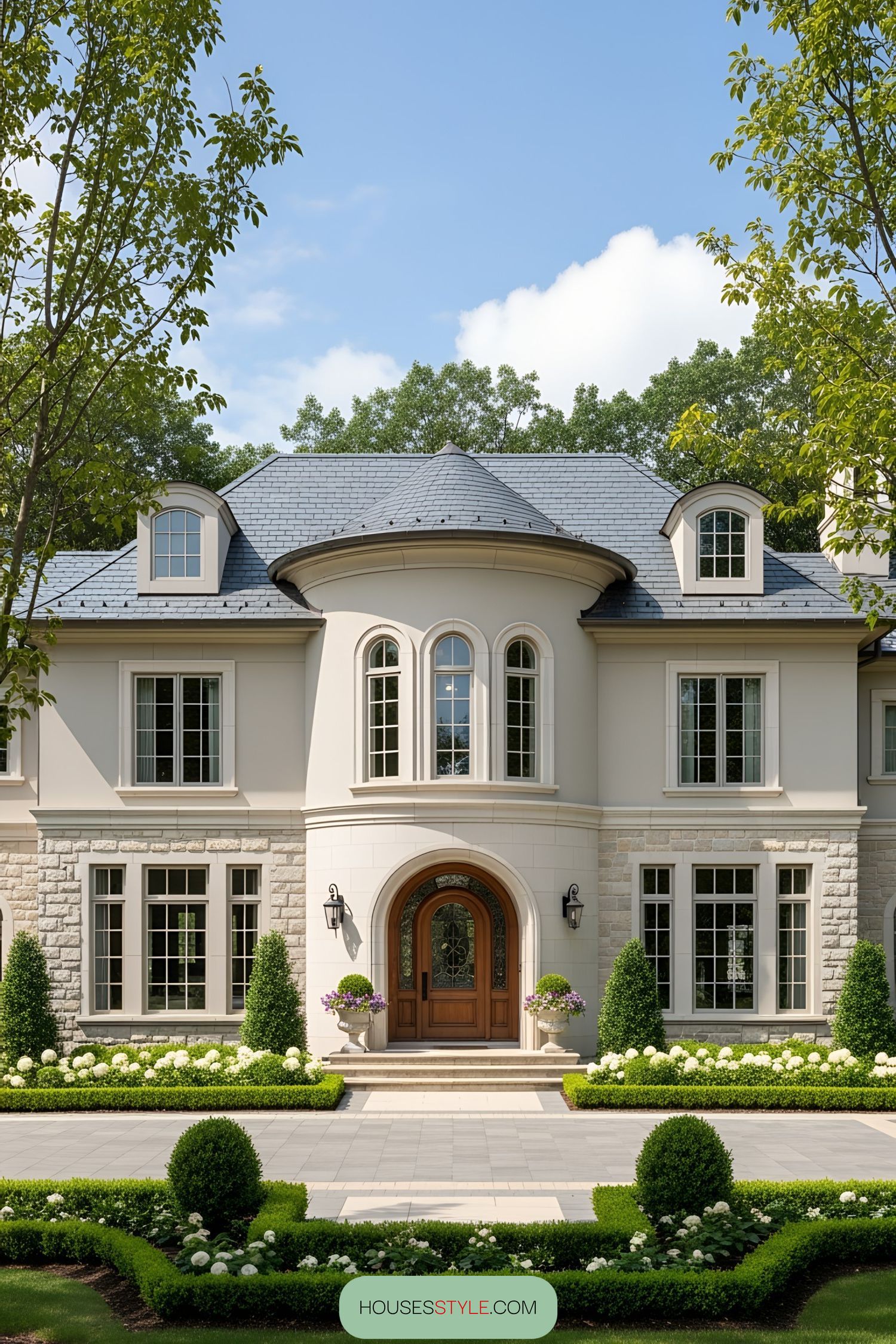 Stately modern estate with a curved tower