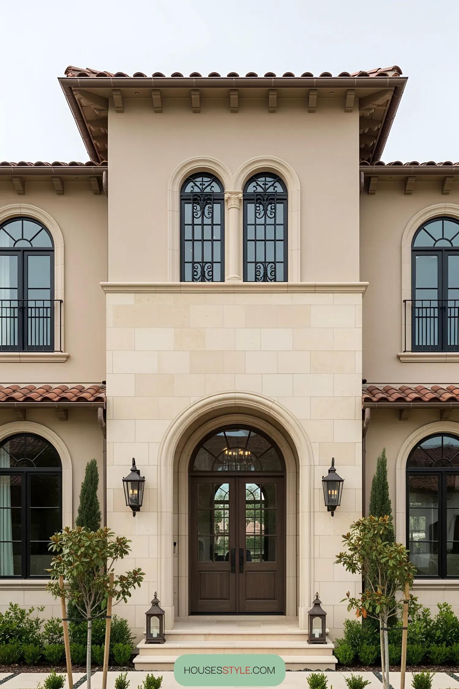 Elegant coastal house entrance with arched windows