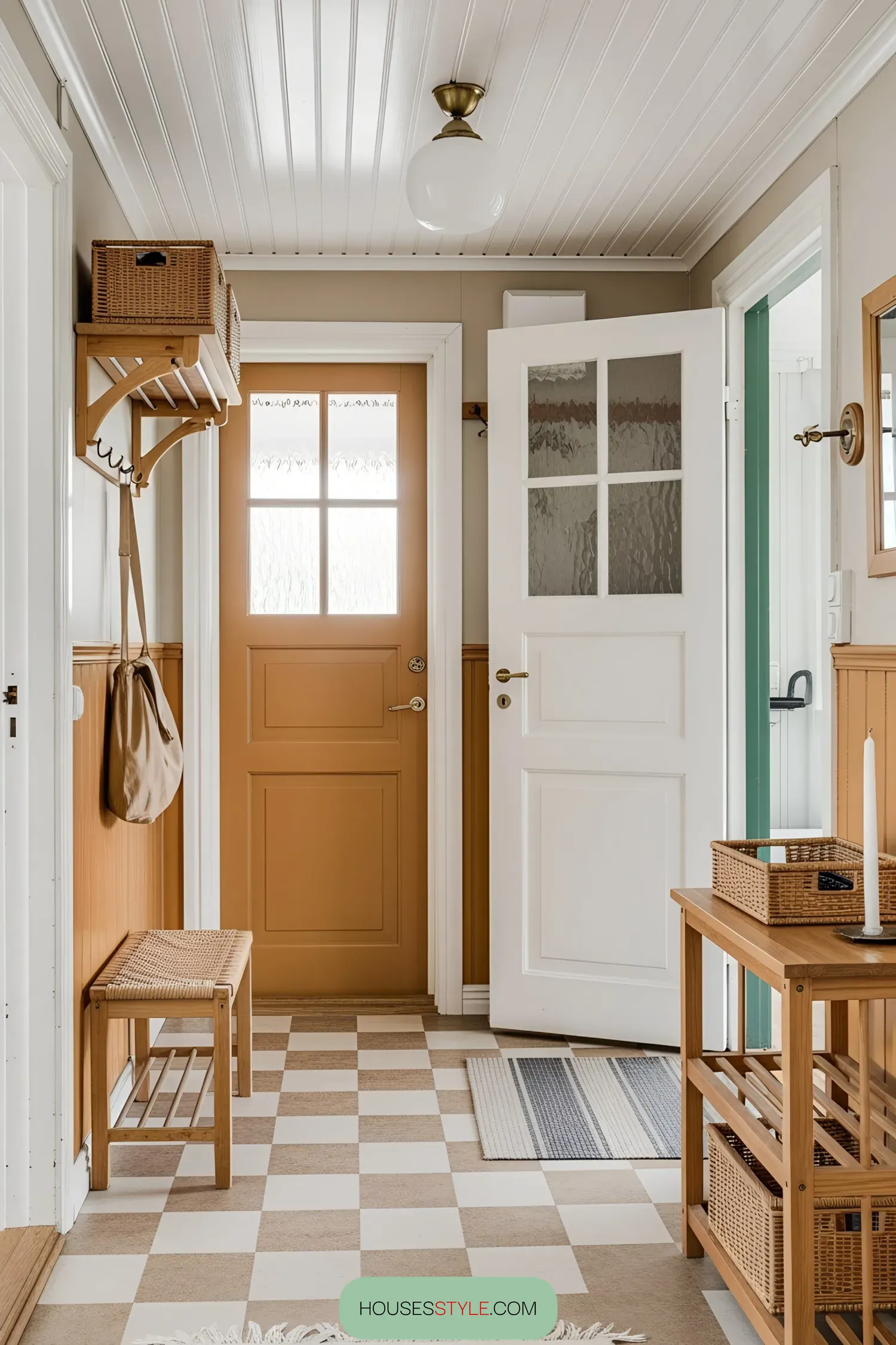 Cozy Swedish cottage entrance with checkerboard floor and wicker accents