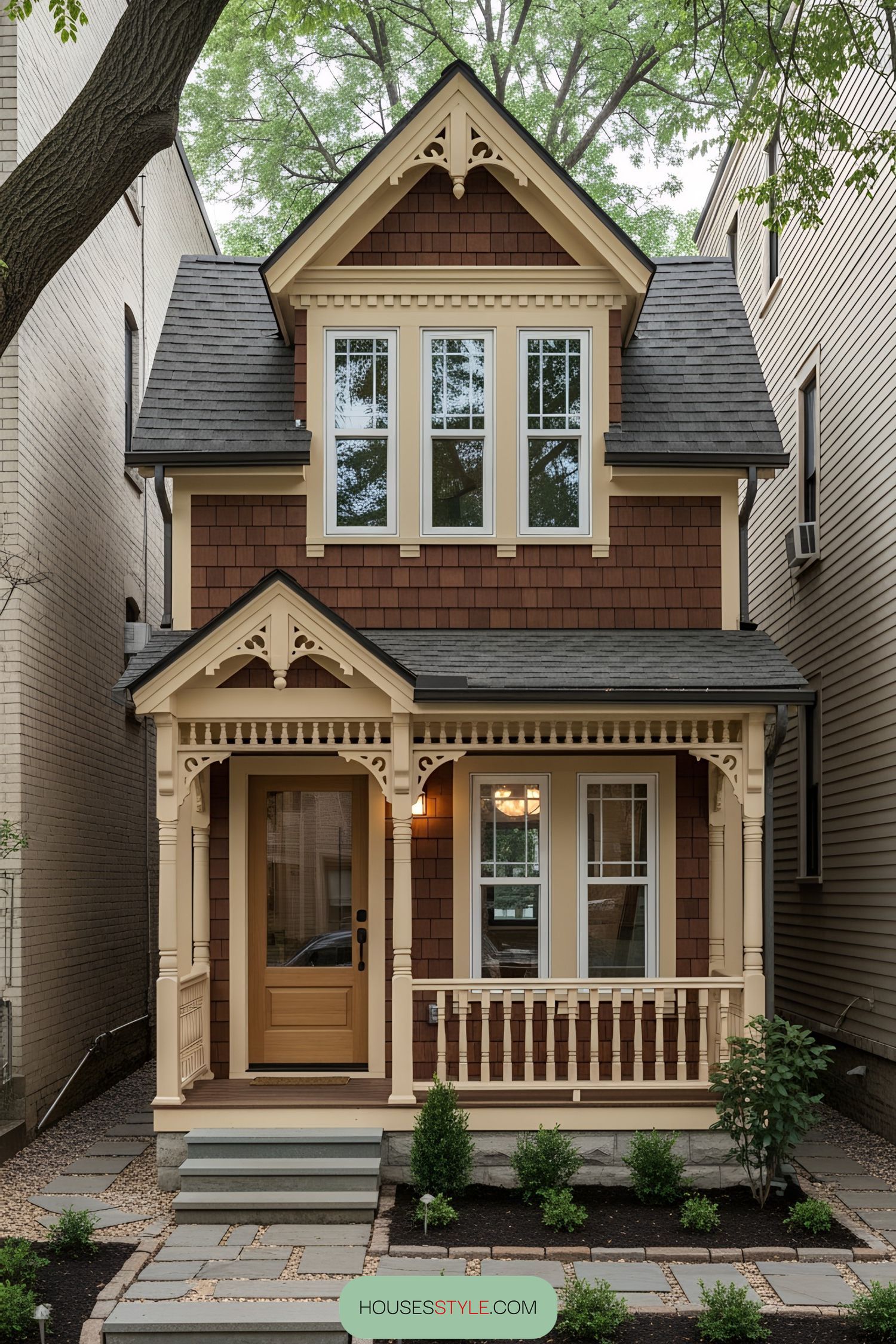 Quaint Victorian-style tiny house with ornate trim