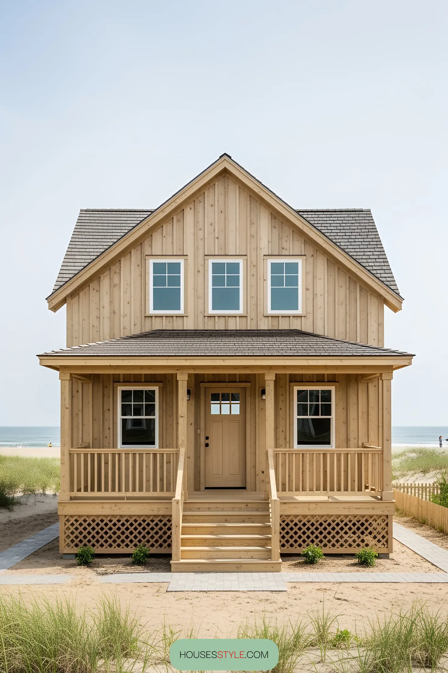 A wooden house on the beach with two stories and a gabled roof
